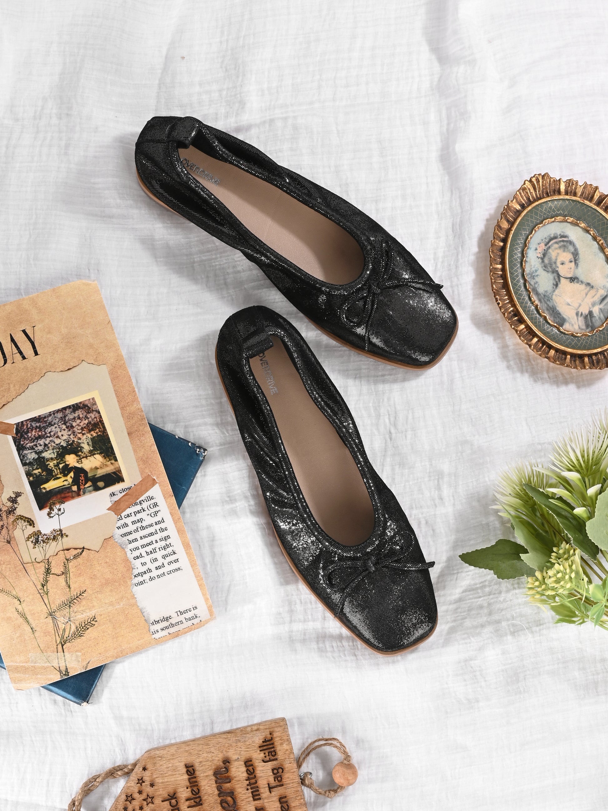 Black Color Shimmer Bow Ballet Flats – Iridescent Party Shoes