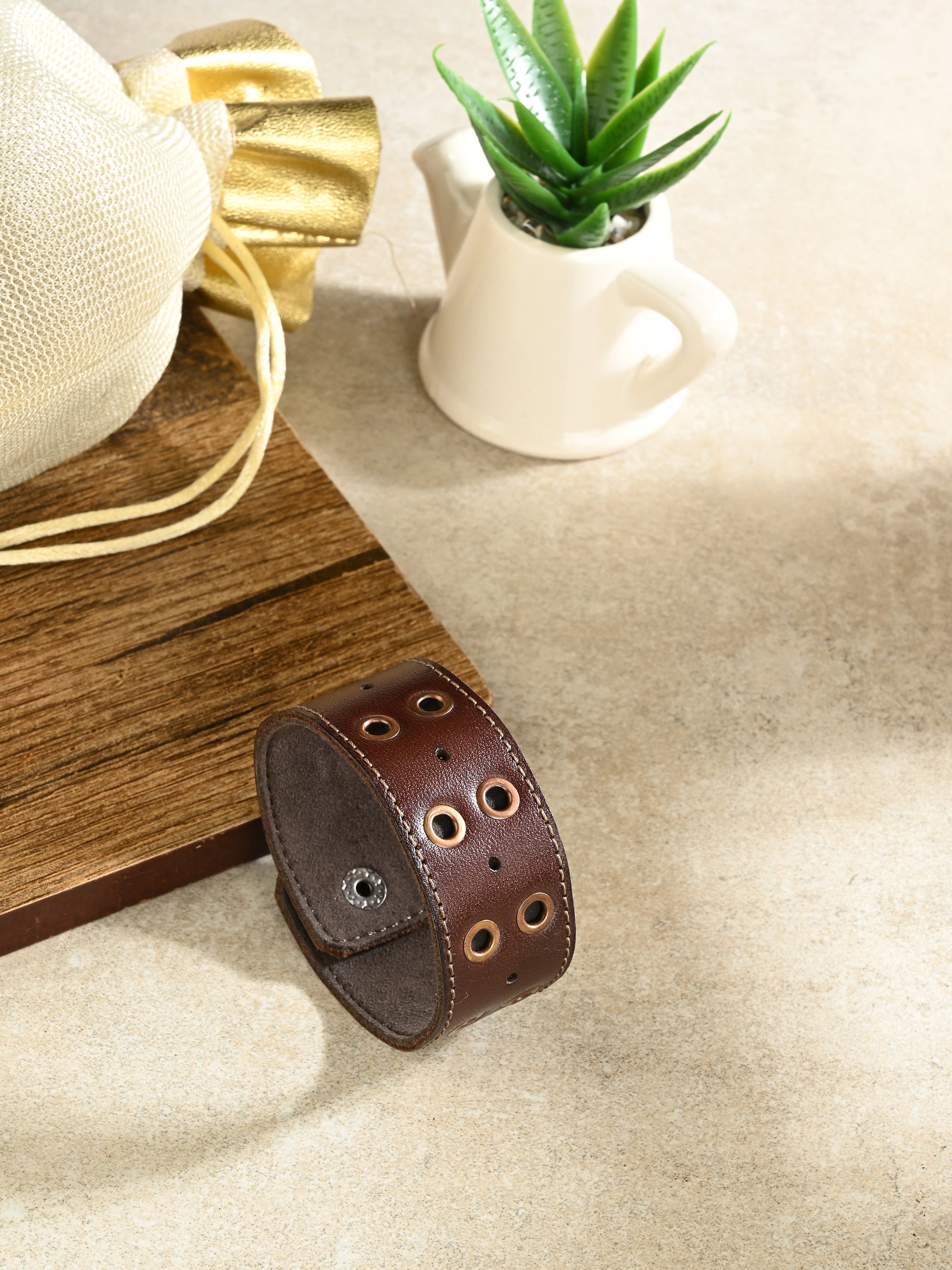Dark Brown Leather Wristband with Grommets