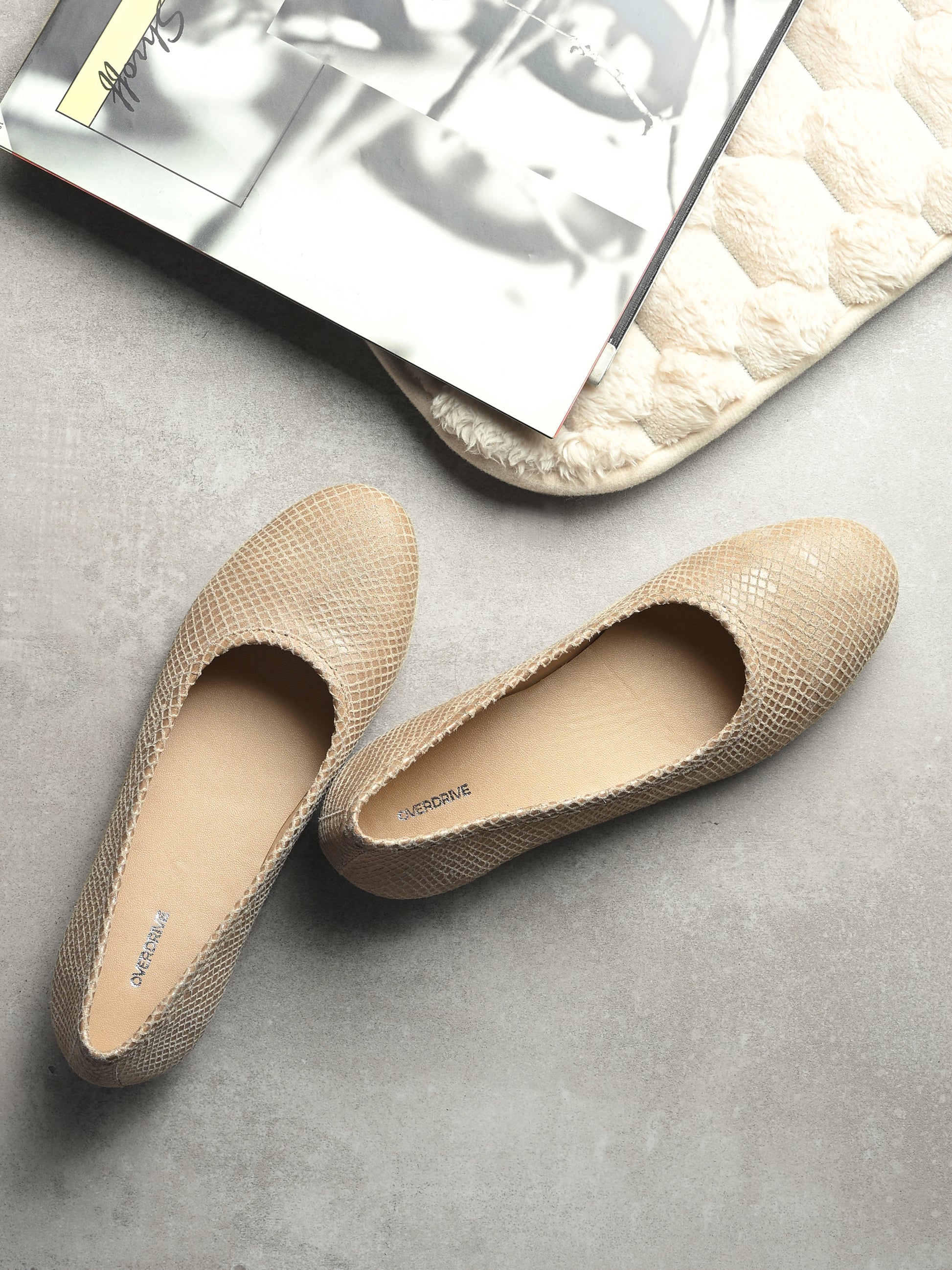 Beige Color Textured Flats – Reptile Embossed Slip-Ons