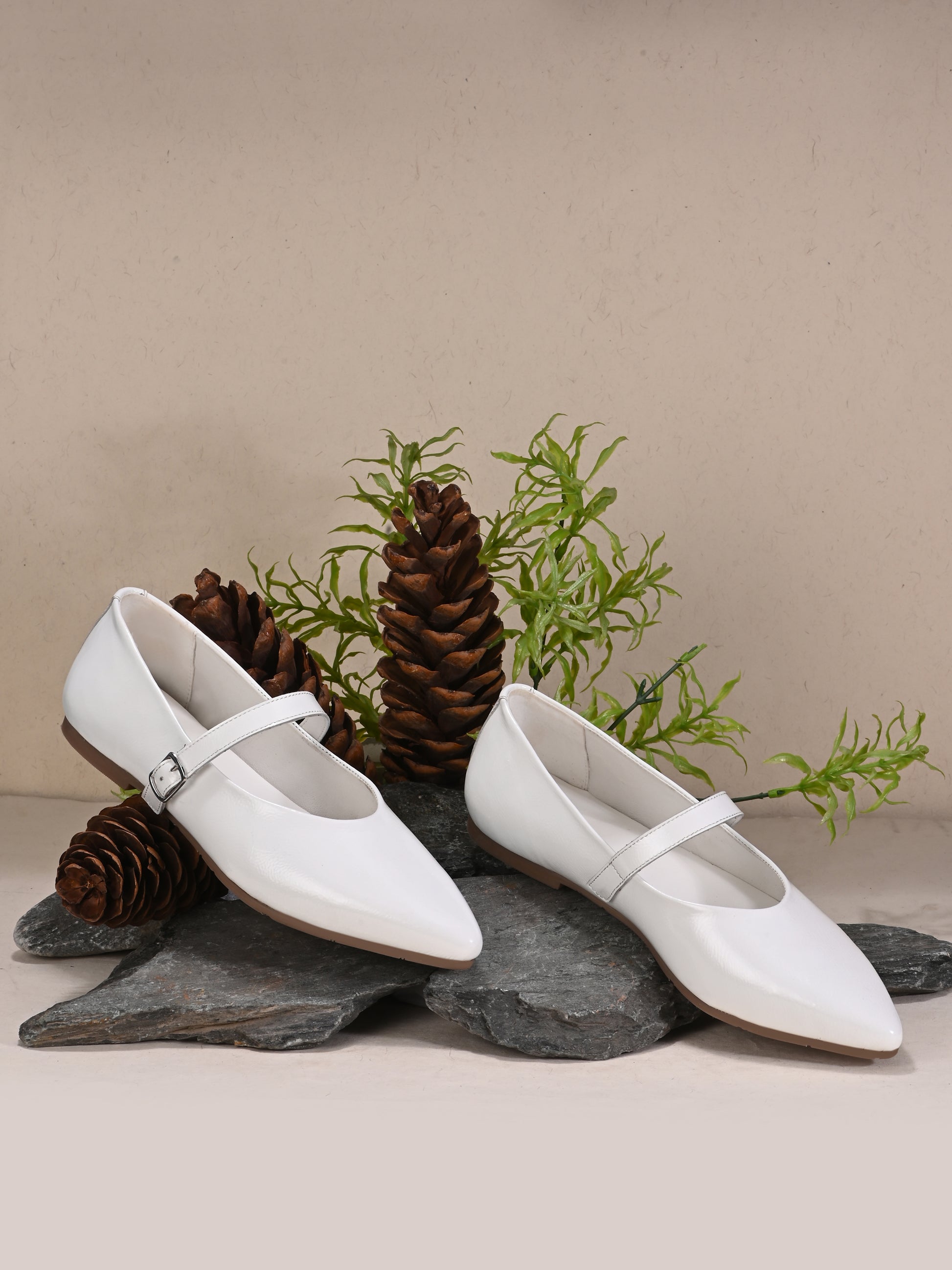 White Color Patent Mary Janes Pointed Toe Flats