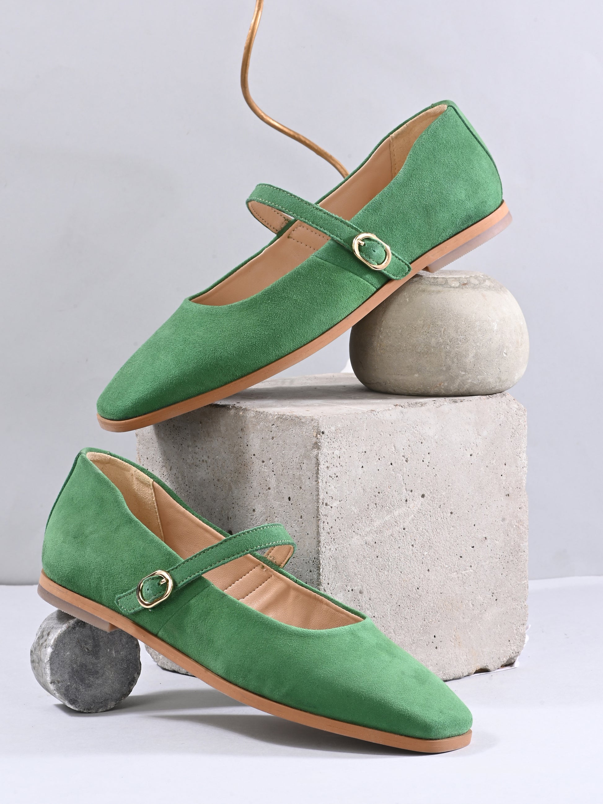 Green Color Suede Mary Jane Shoes – Square Toe Vintage Flats