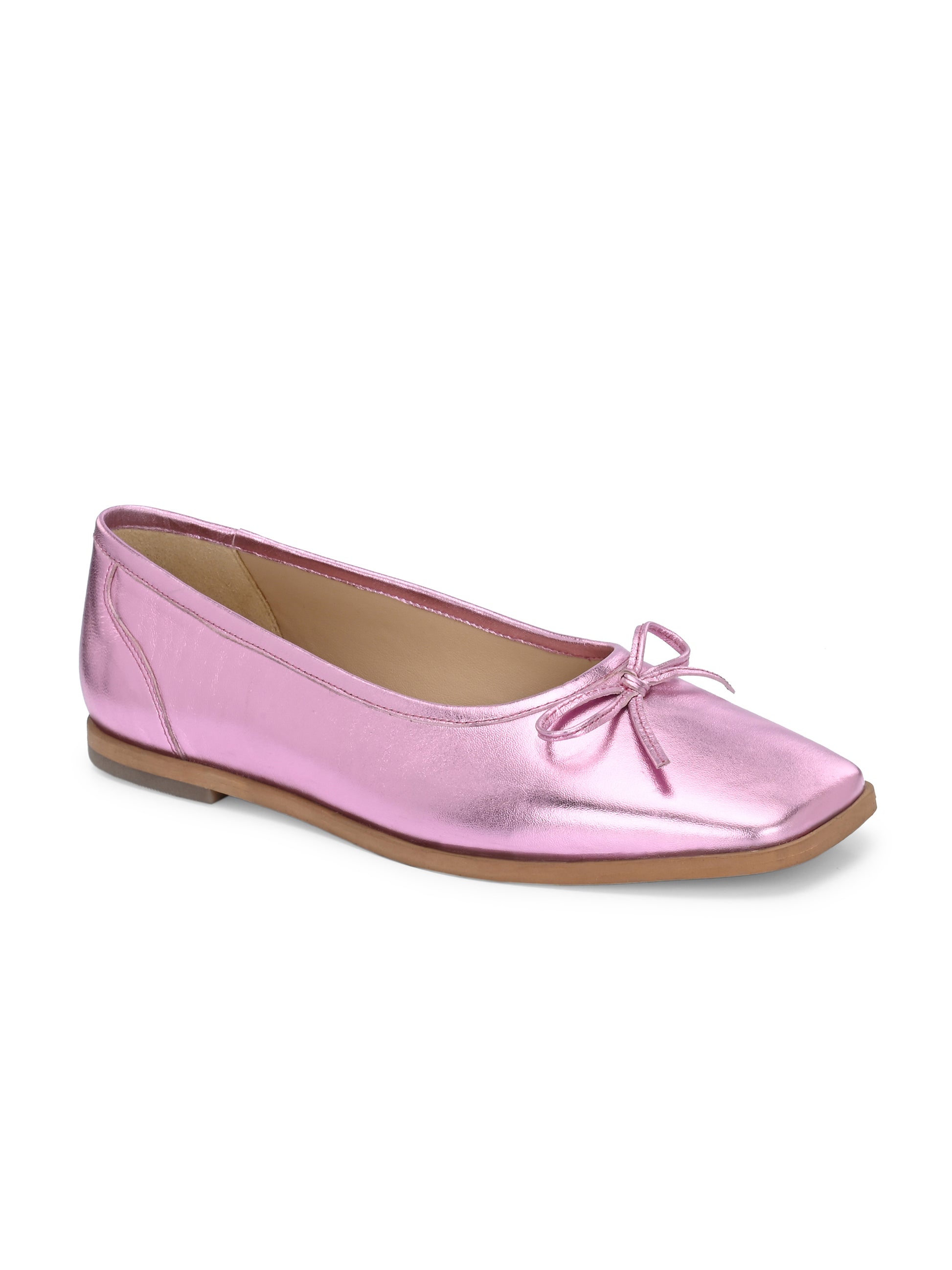 Metallic Pink Color Ballet Flats – Square Toe Bow Ballerinas