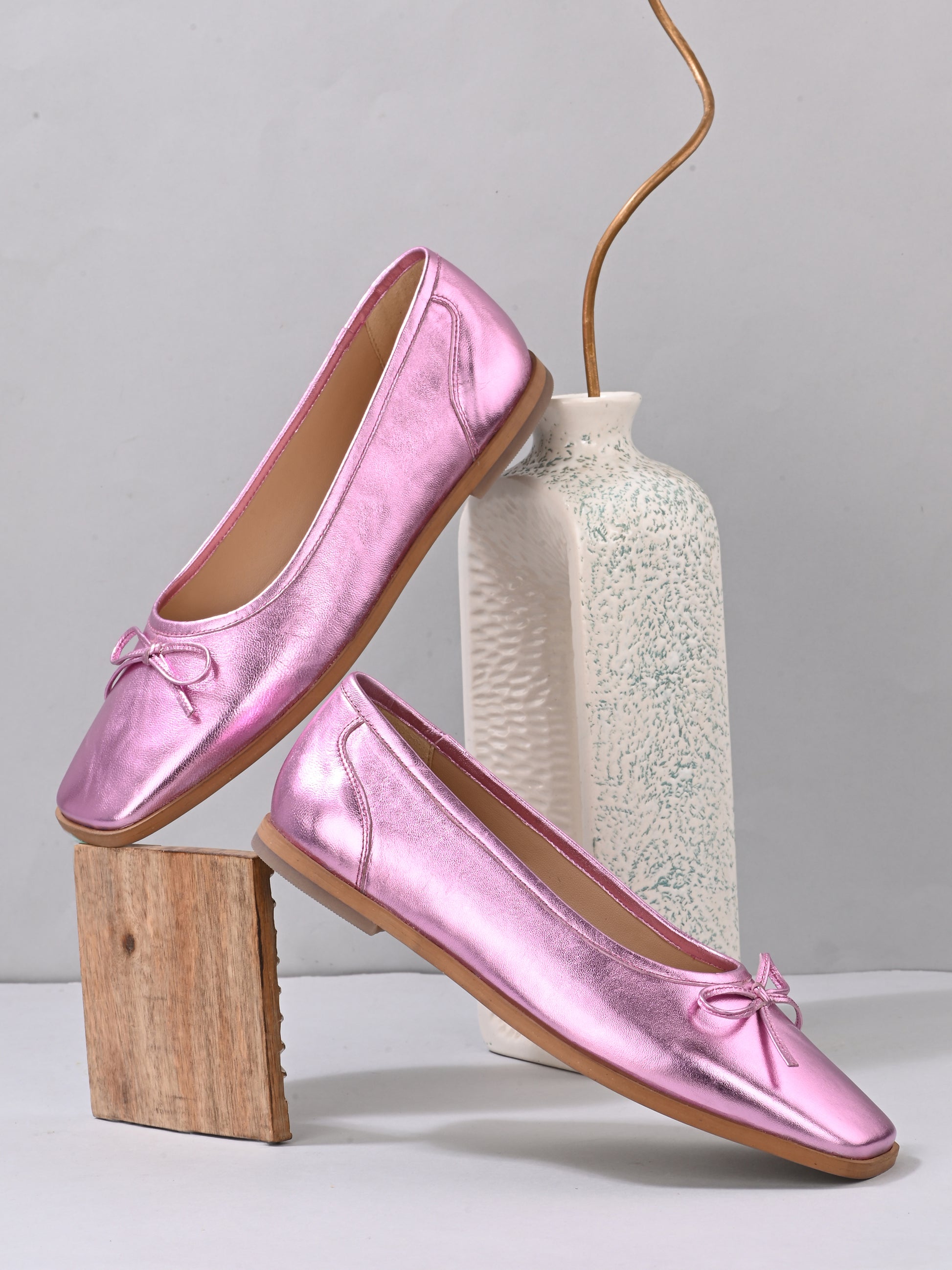 Metallic Pink Color  Ballet Flats – Square Toe Bow Ballerinas