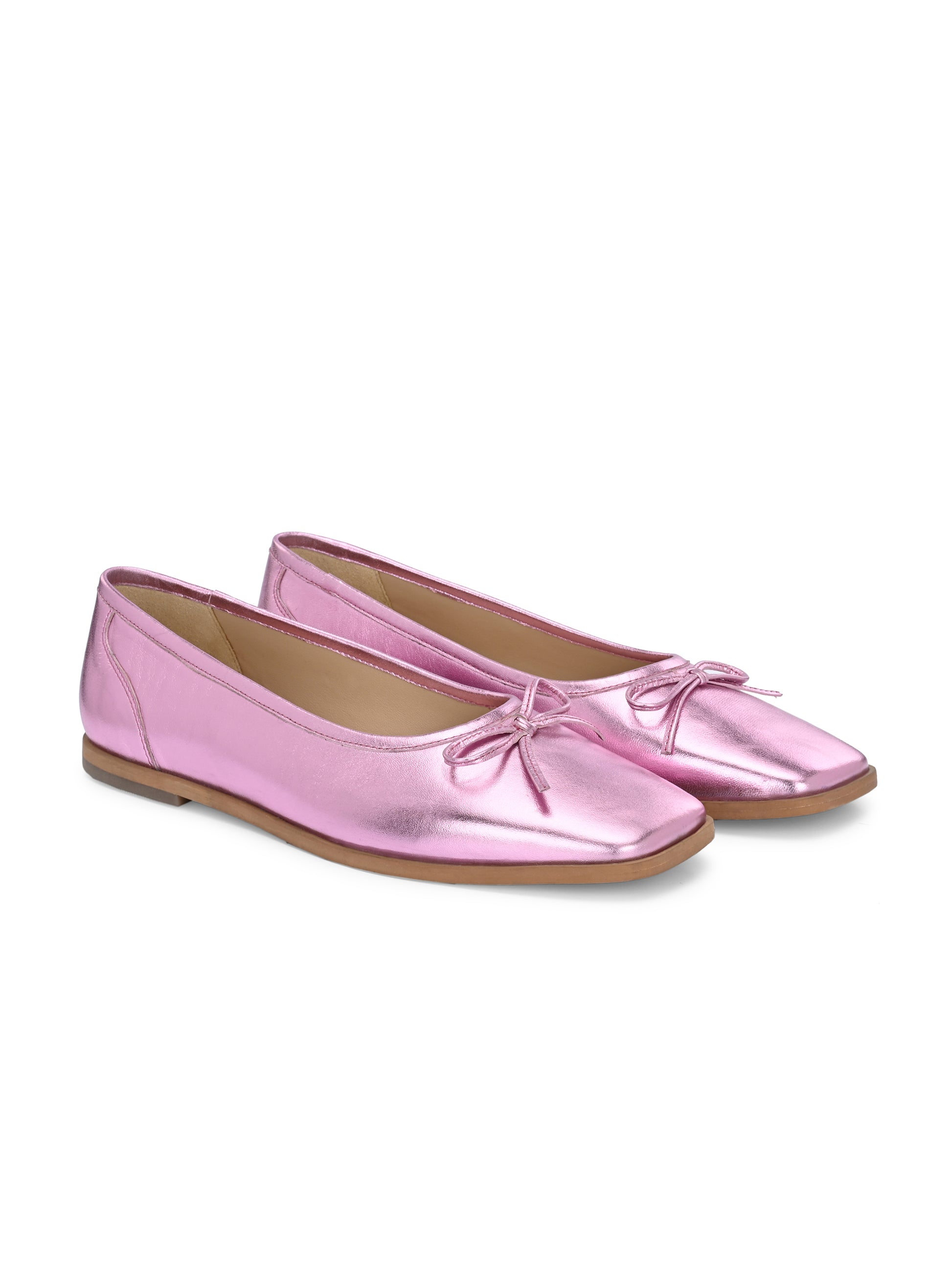 Metallic Pink Color  Ballet Flats – Square Toe Bow Ballerinas
