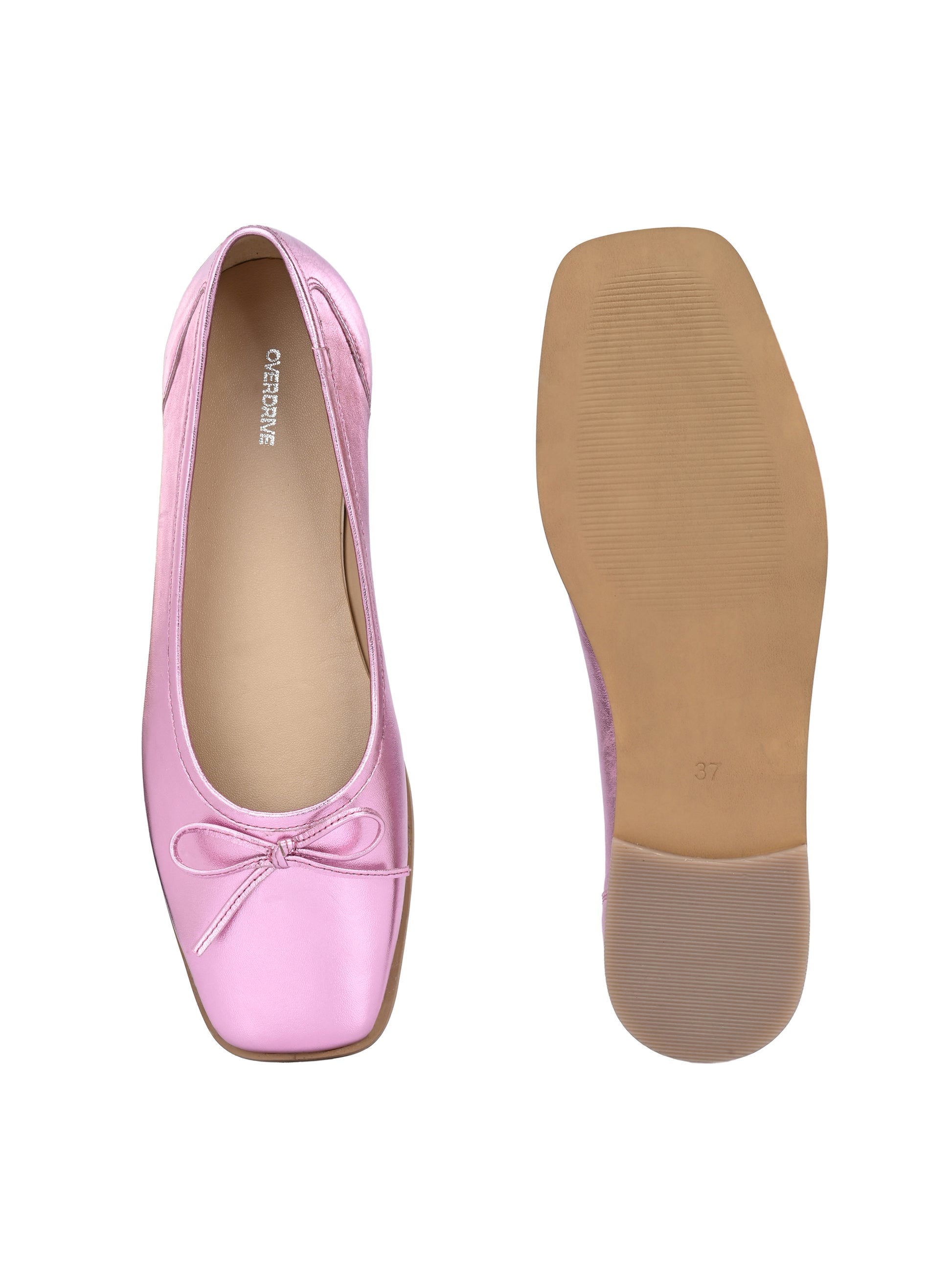 Metallic Pink Color  Ballet Flats – Square Toe Bow Ballerinas