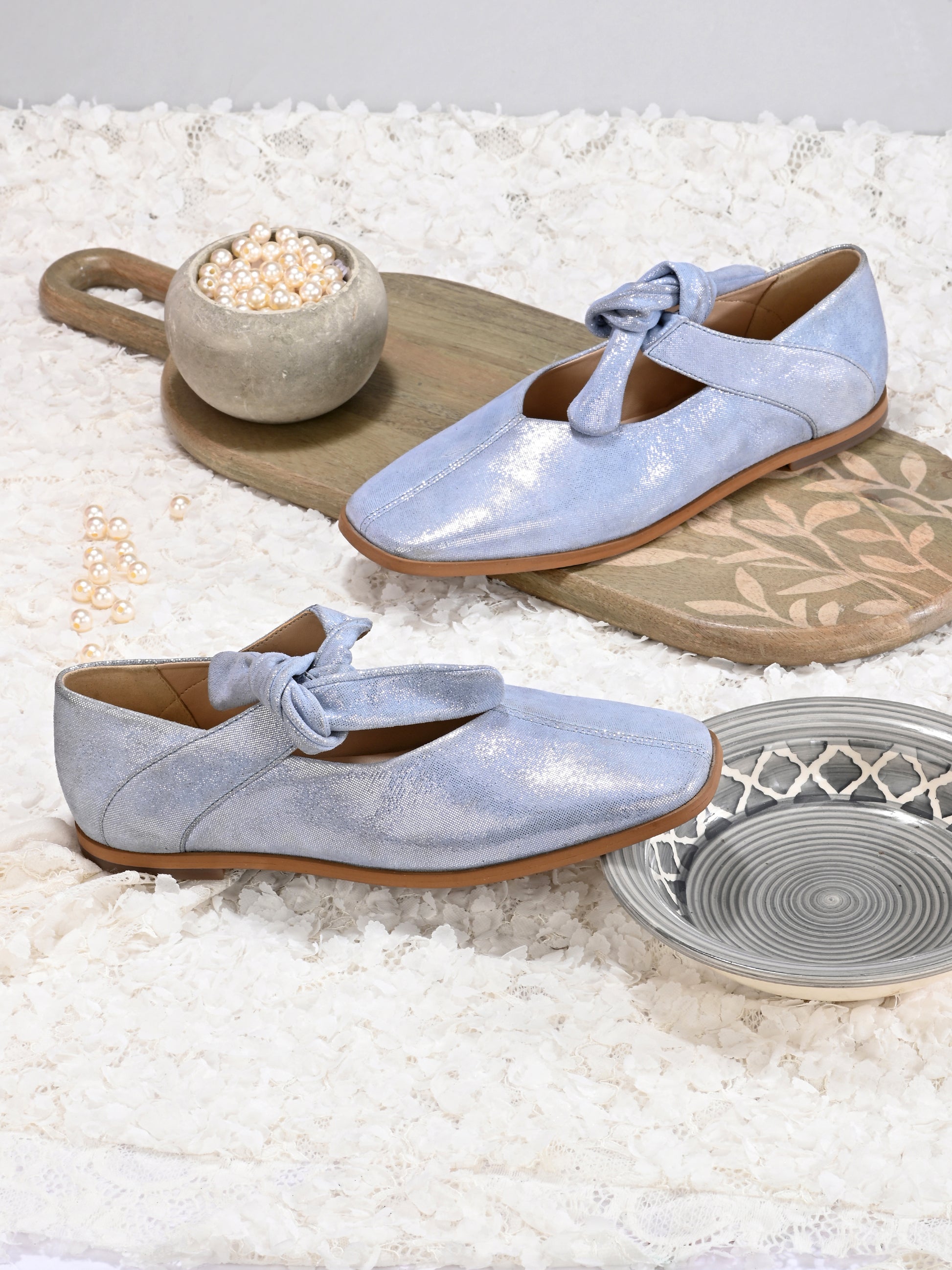 Powder Blue Color Velvet Flats – Tie-Up Square Toe Shoes