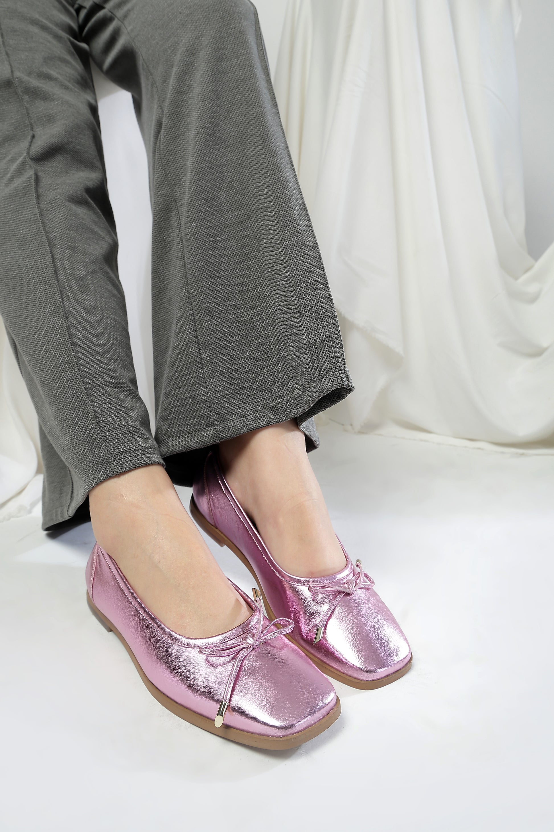 Metallic Pink Color  Ballet Flats – Square Toe Bow Ballerinas