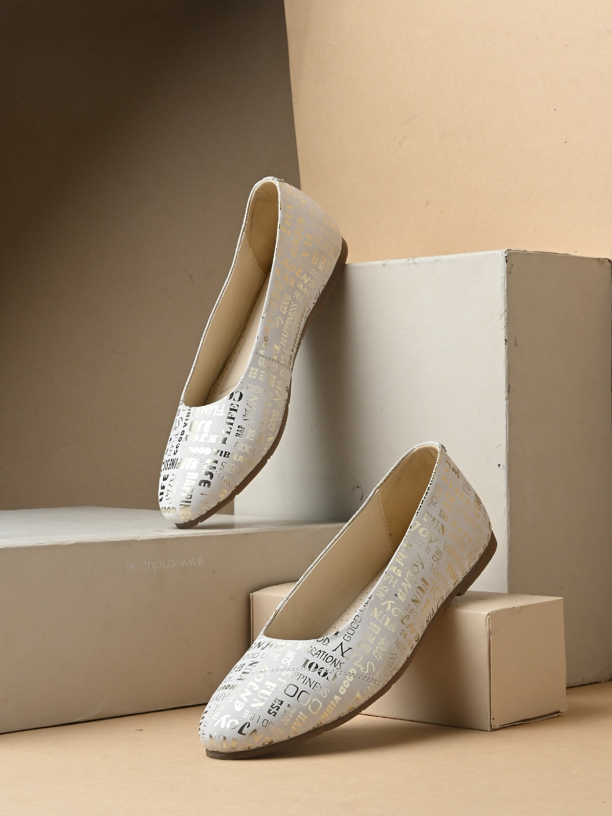 White Printed Ballerinas with Words