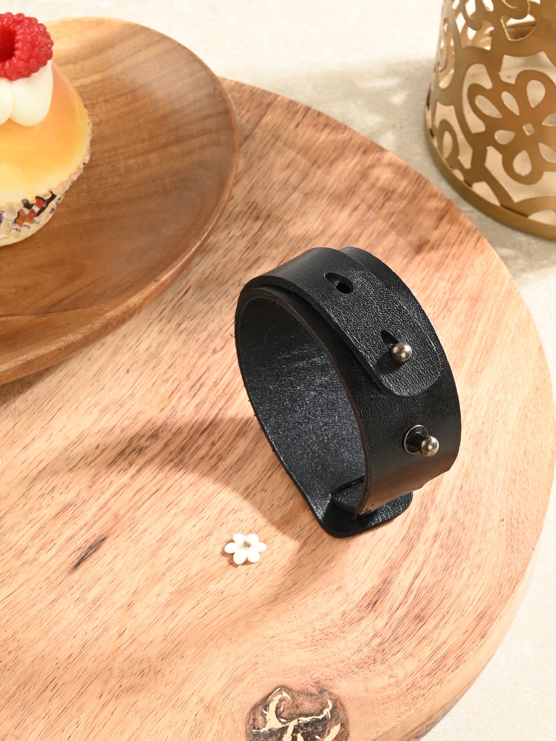 Perforated Minimalist Black Leather Cuff
