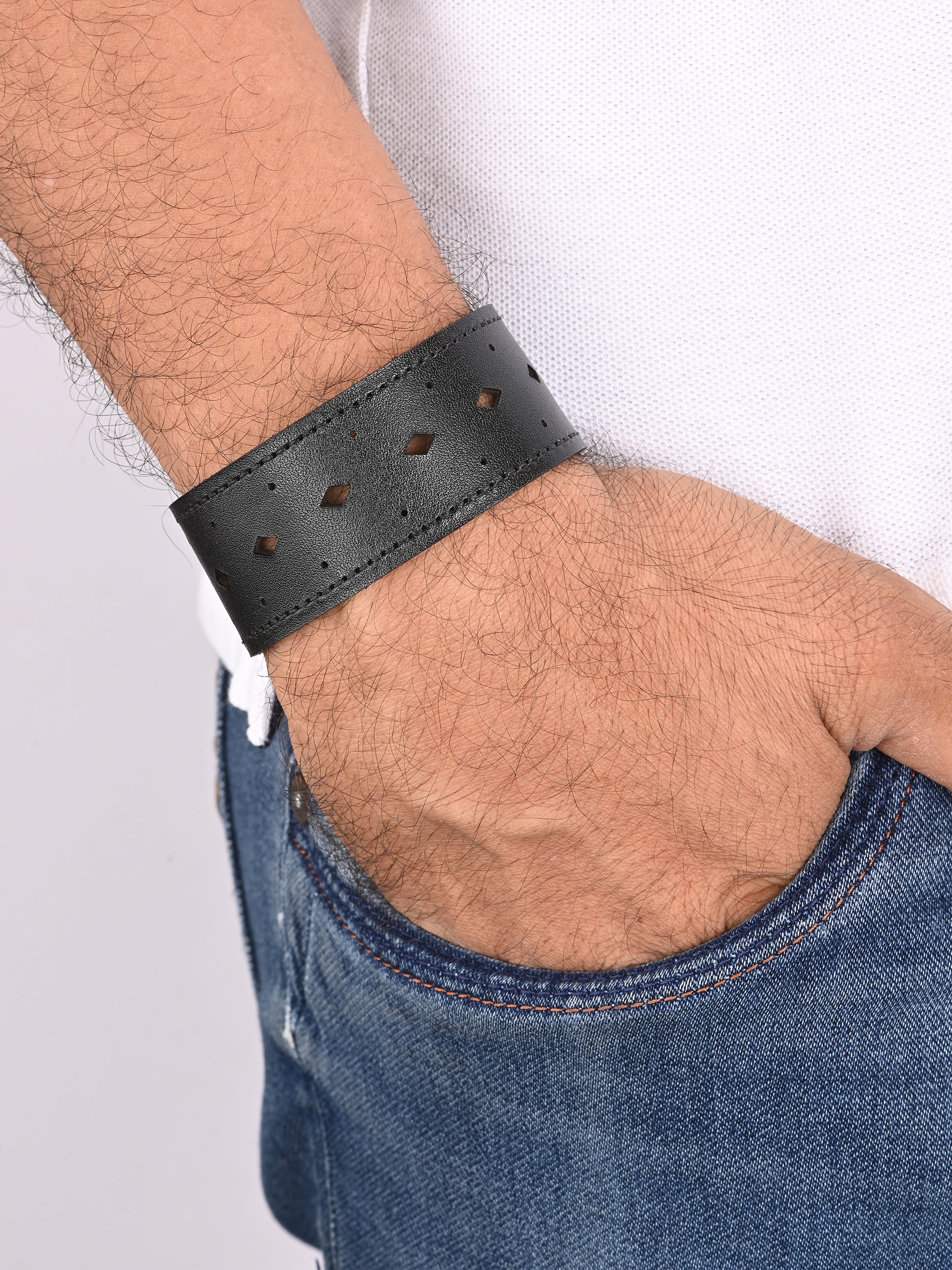 Rugged Black Buckle Leather Wristband