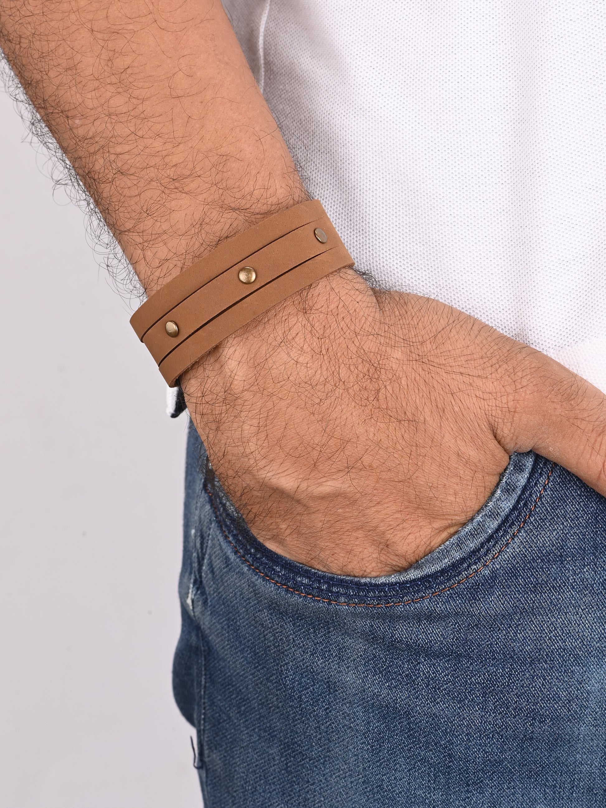 Tan Double Strap Leather Bracelet with Rivets