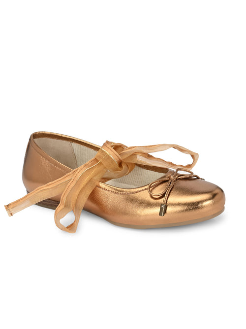 Copper Metallic Ballet Flats with Ribbons