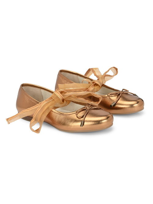 Copper Metallic Ballet Flats with Ribbons