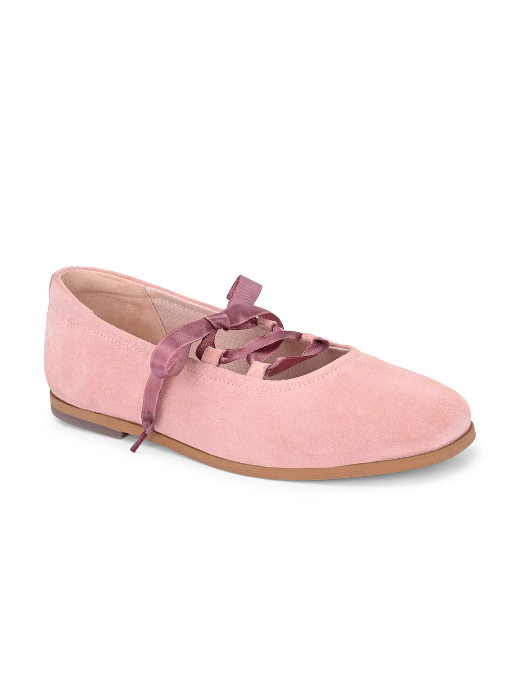 Blush Pink Suede Ballerinas with Satin Laces