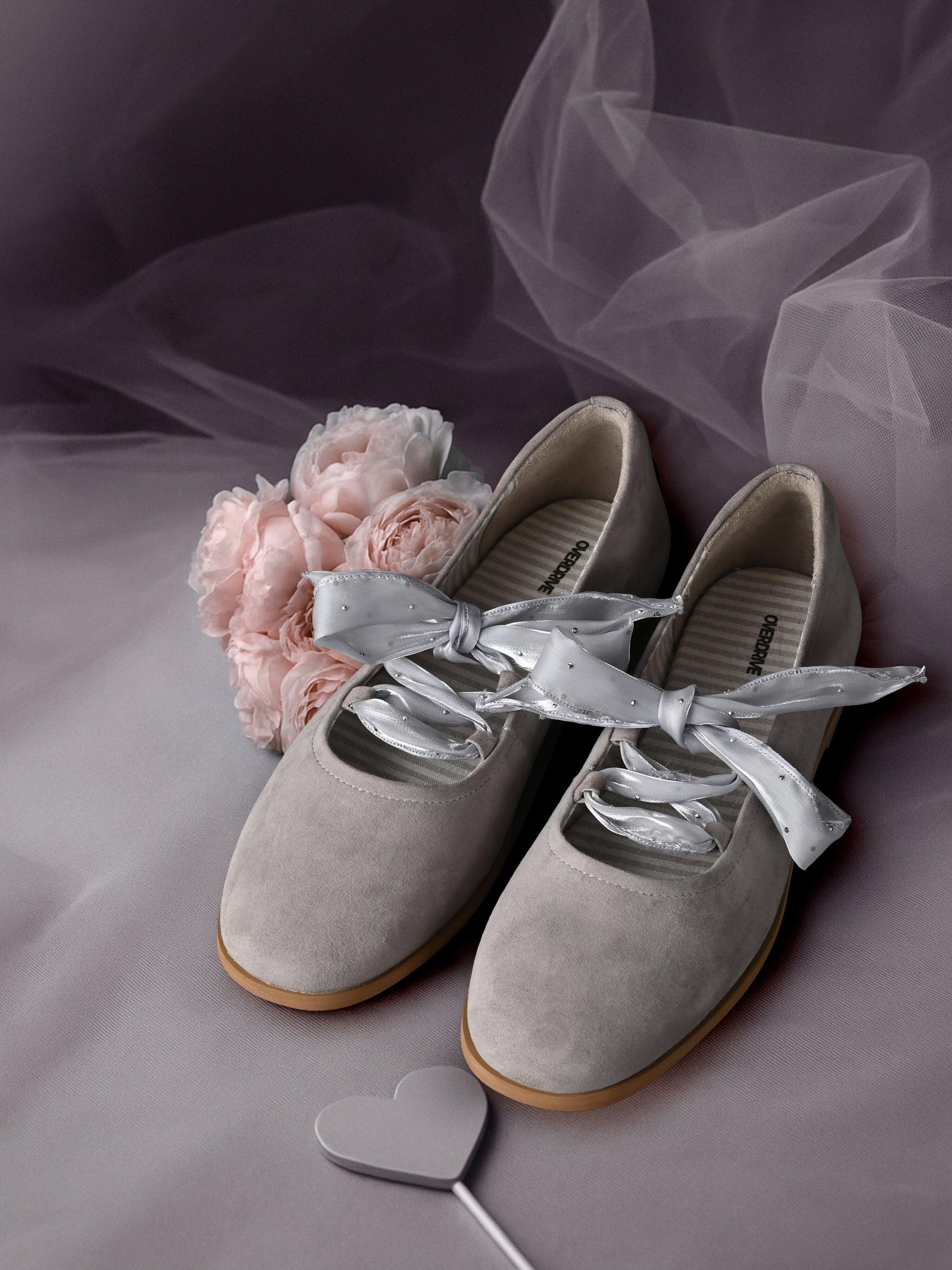 Soft Grey Suede Ballerinas with Satin Ribbons