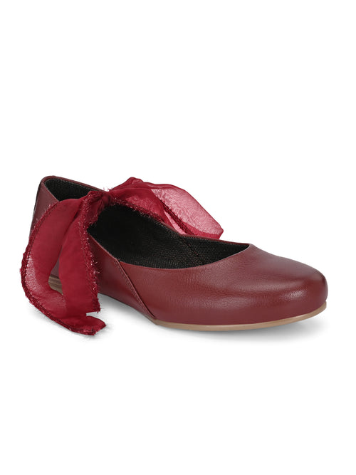 Wine Red Ribbon-Tie Ballerinas