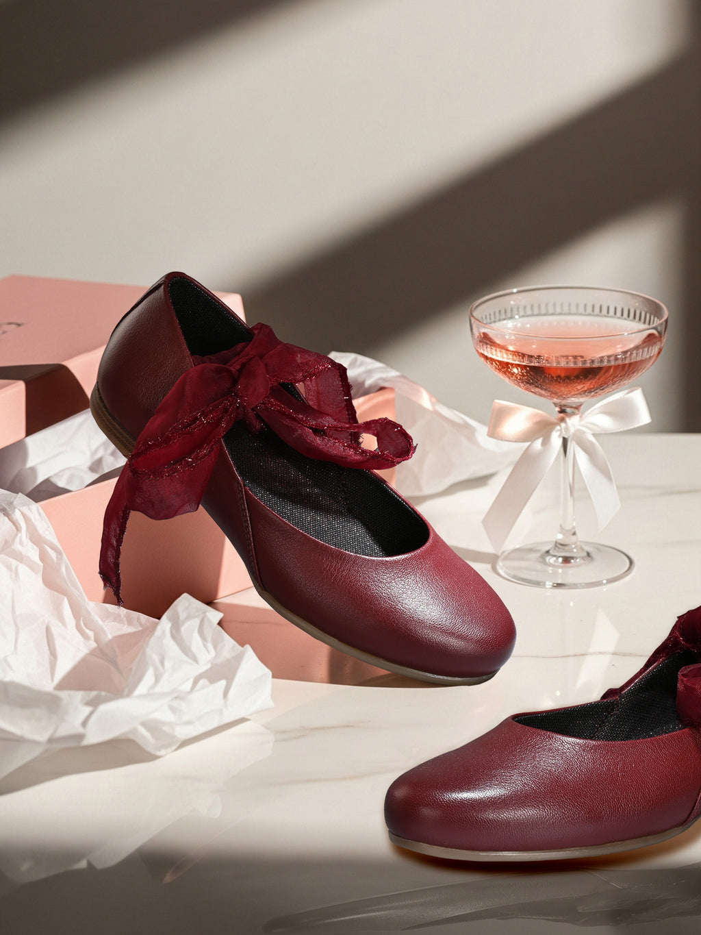Wine Red Ribbon-Tie Ballerinas
