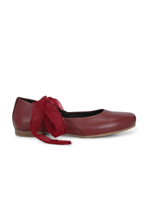 Wine Red Ribbon-Tie Ballerinas