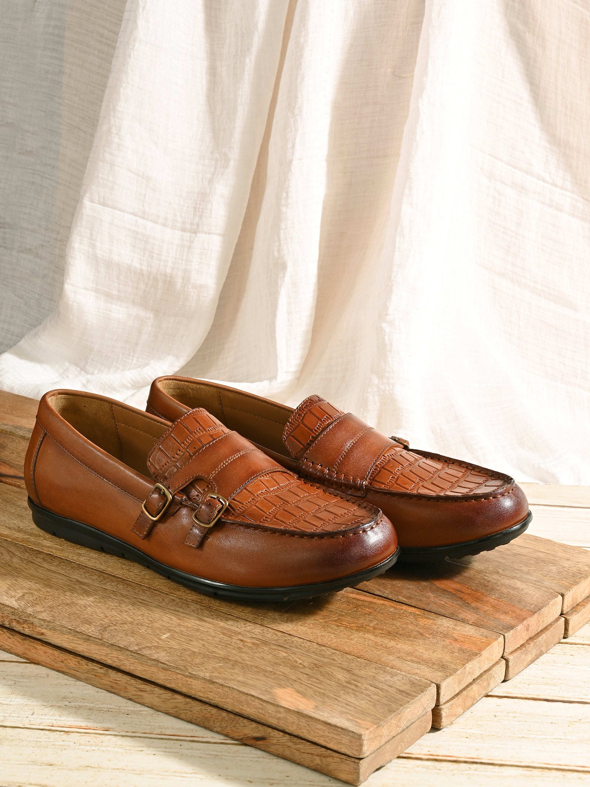 Check Embossed Leather Loafers