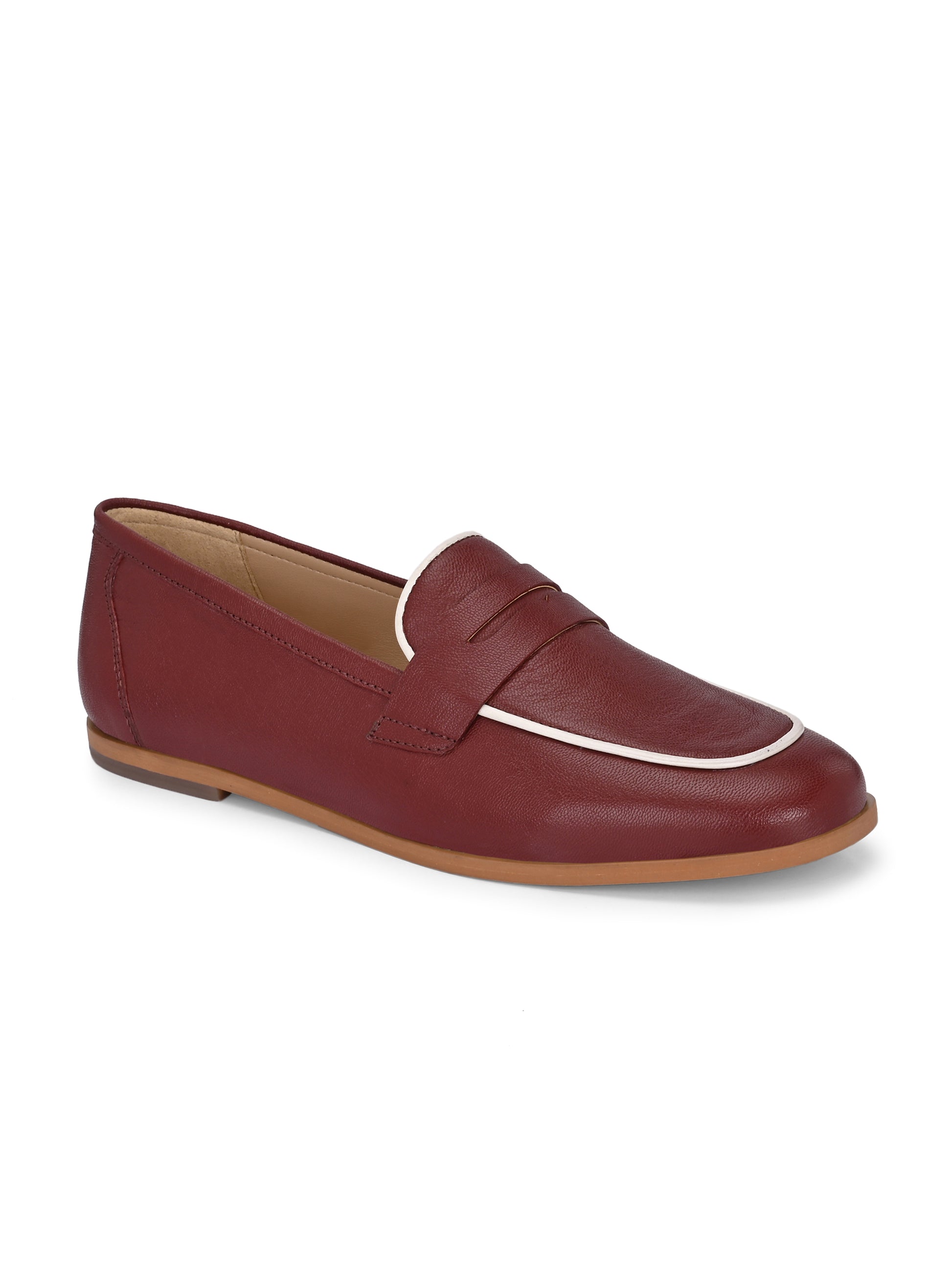 Maroon Color  Leather Loafers – Contrast Piping Penny Flats