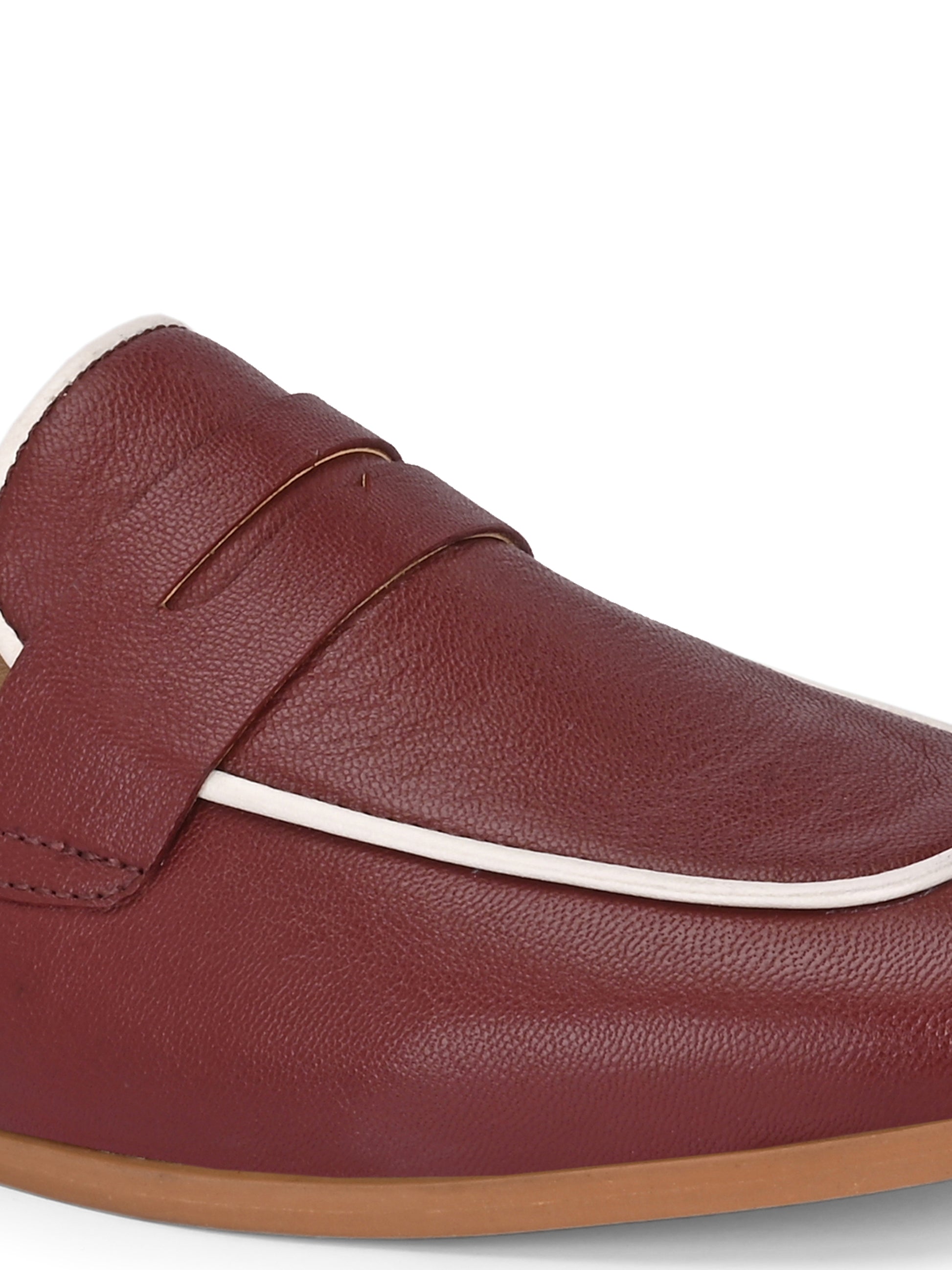 Maroon Color  Leather Loafers – Contrast Piping Penny Flats