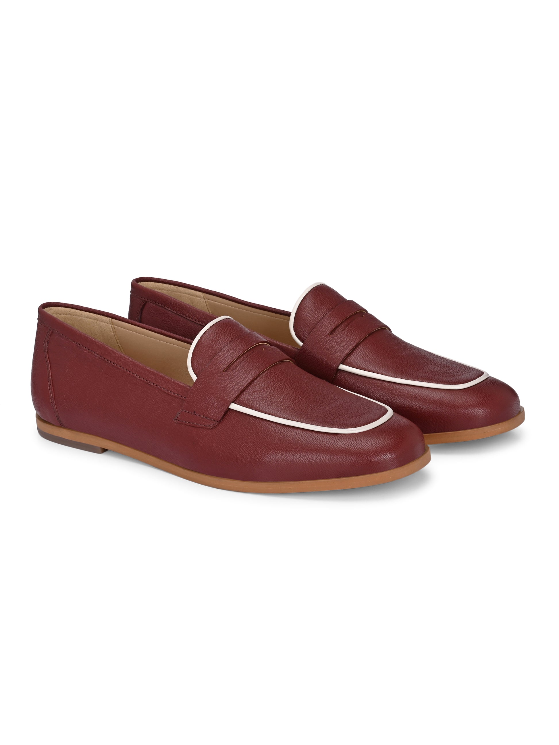 Maroon Color  Leather Loafers – Contrast Piping Penny Flats