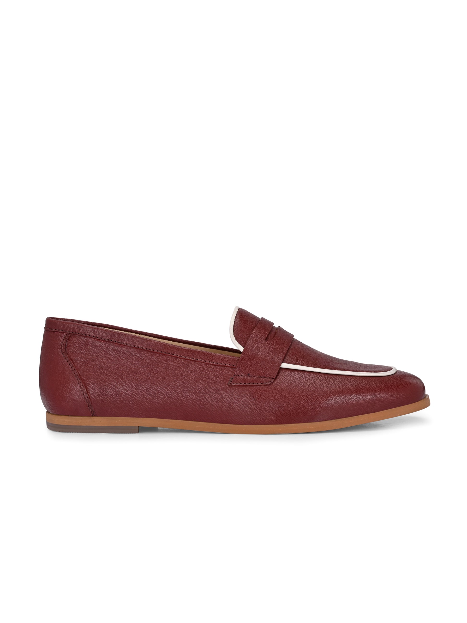 Maroon Color  Leather Loafers – Contrast Piping Penny Flats