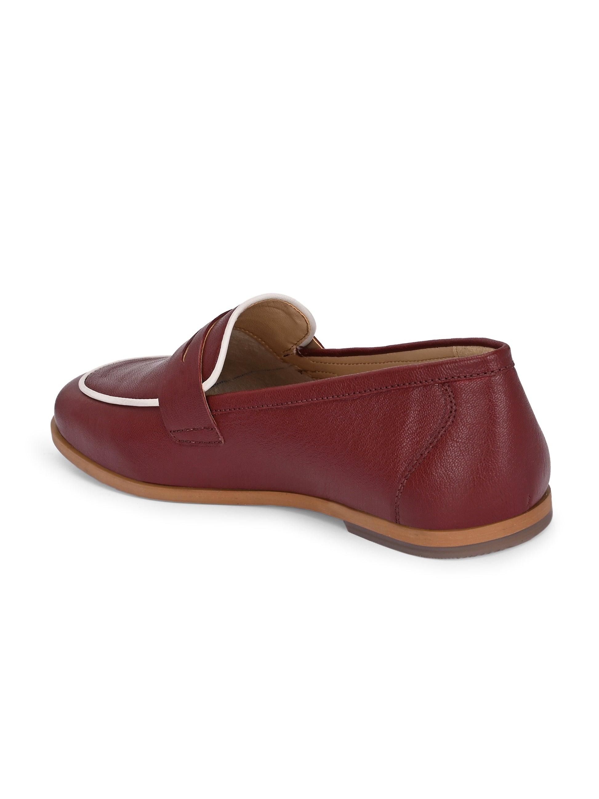 Maroon Color  Leather Loafers – Contrast Piping Penny Flats