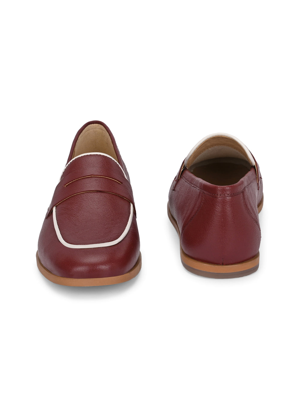 Maroon Color  Leather Loafers – Contrast Piping Penny Flats