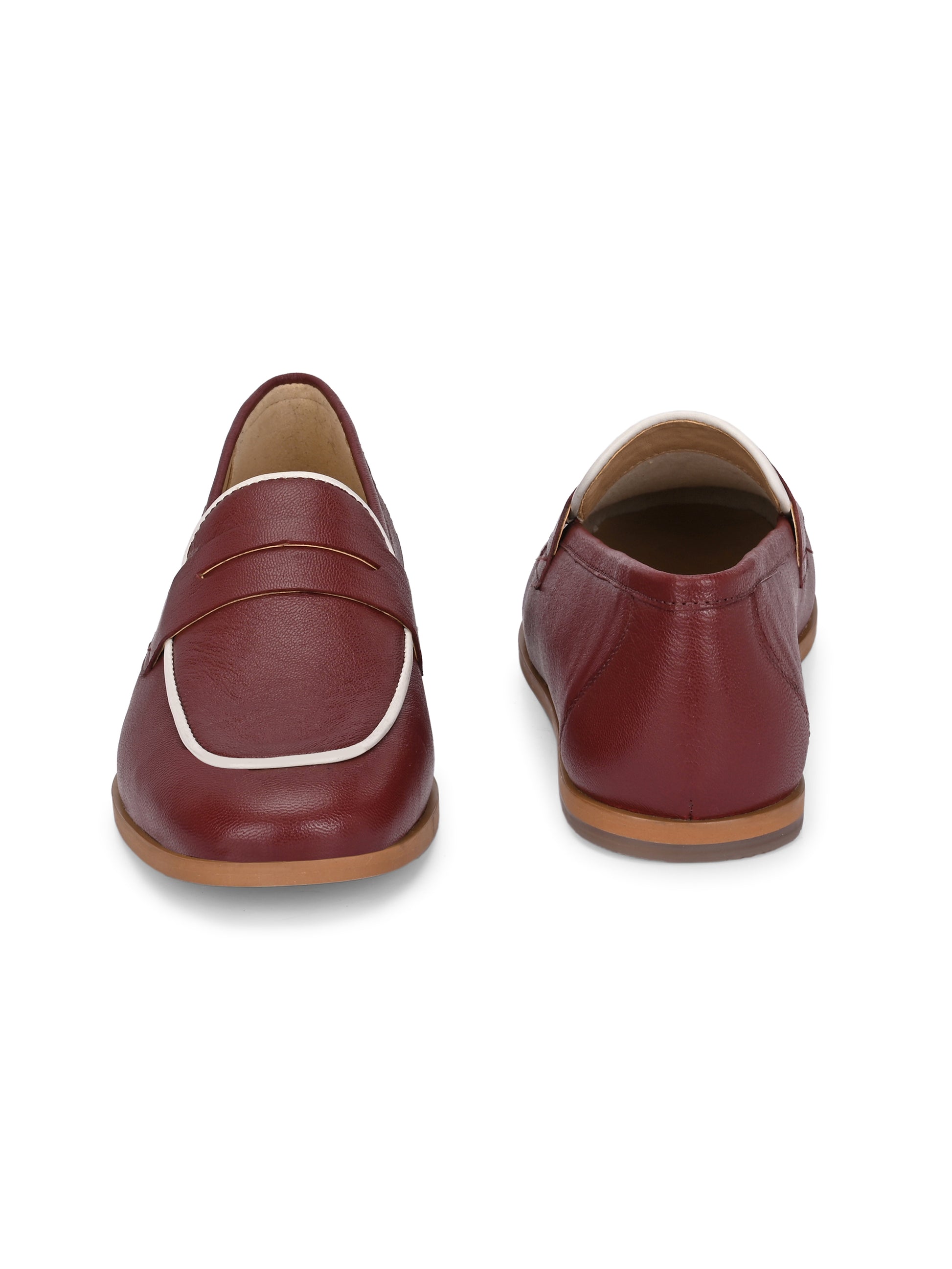 Maroon Color  Leather Loafers – Contrast Piping Penny Flats