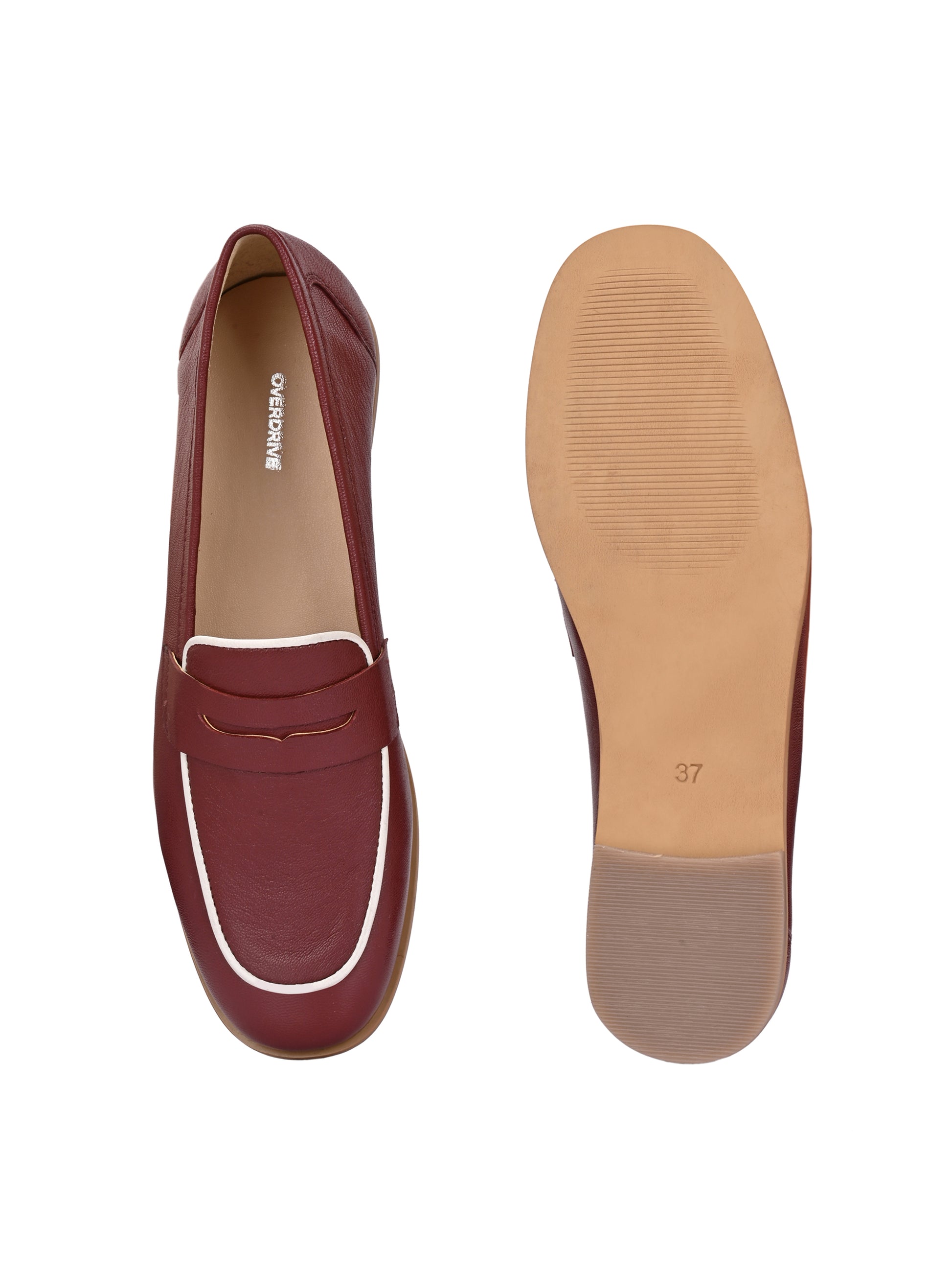Maroon Color  Leather Loafers – Contrast Piping Penny Flats