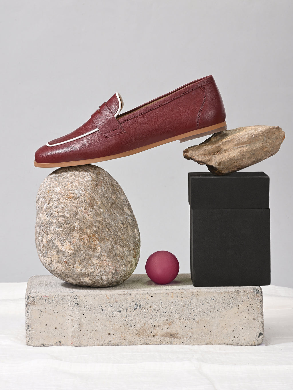 Maroon Color  Leather Loafers – Contrast Piping Penny Flats