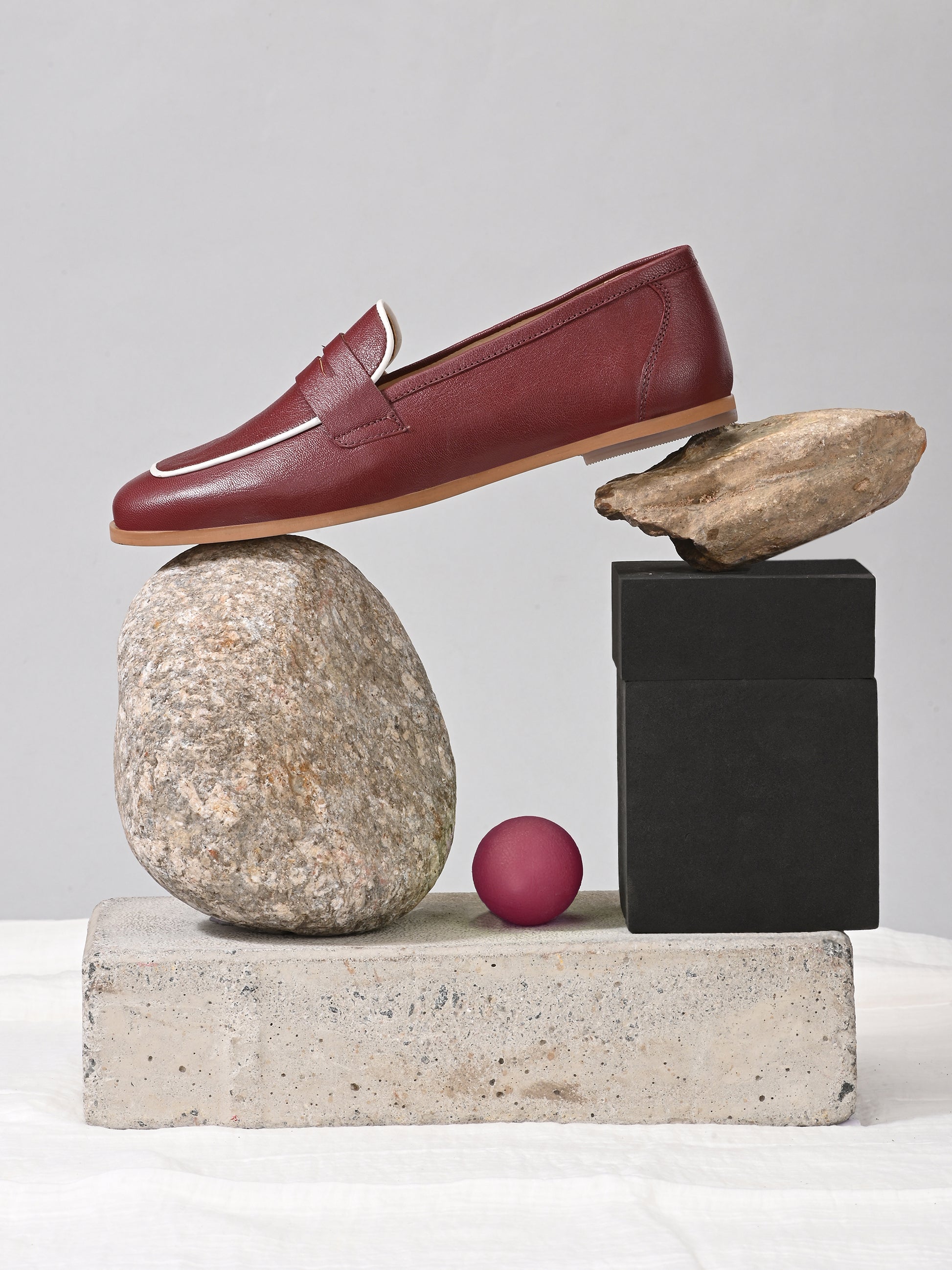 Maroon Color  Leather Loafers – Contrast Piping Penny Flats