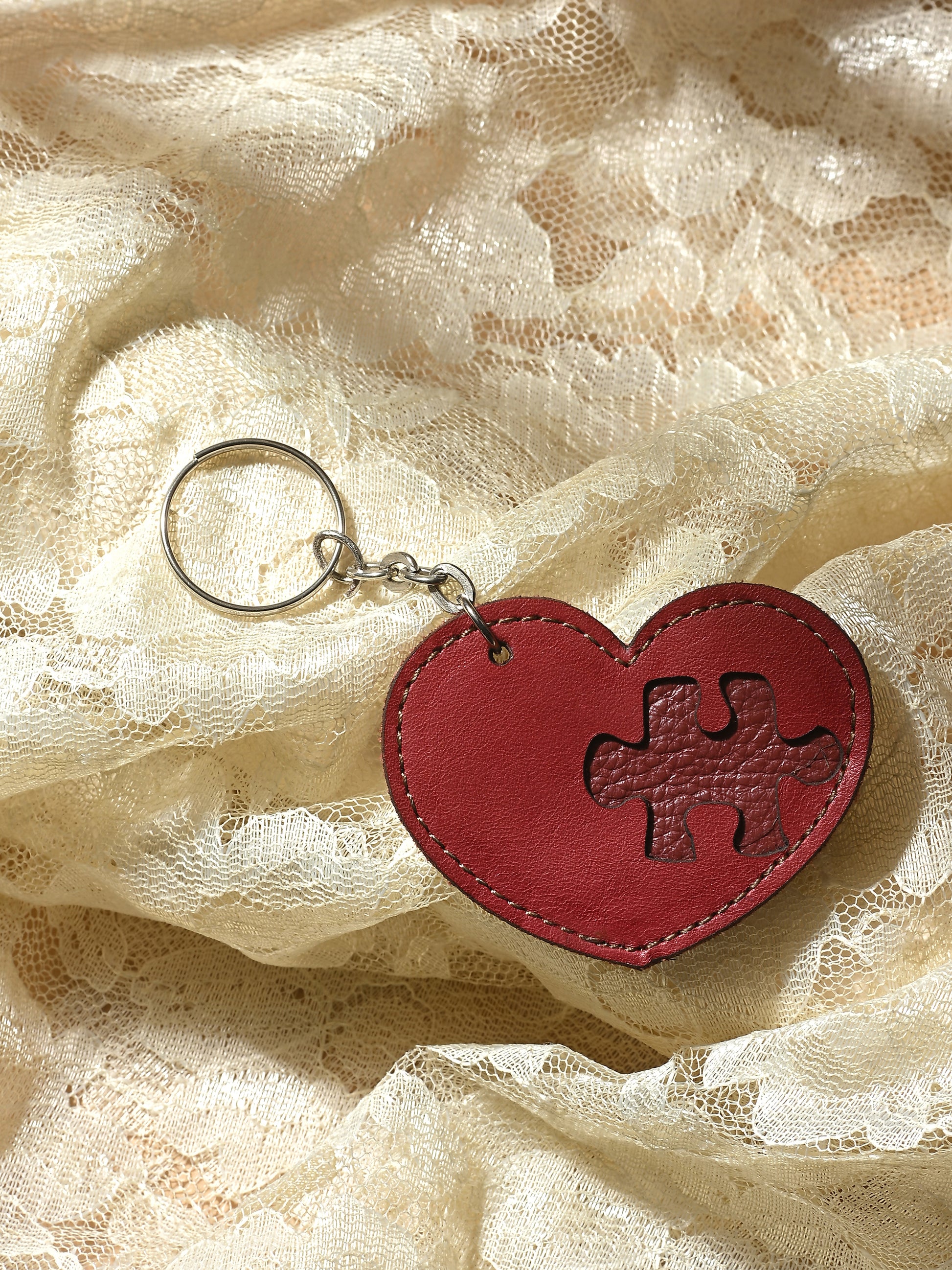 Unity Heart Leather Keychain (Red Puzzle Heart)