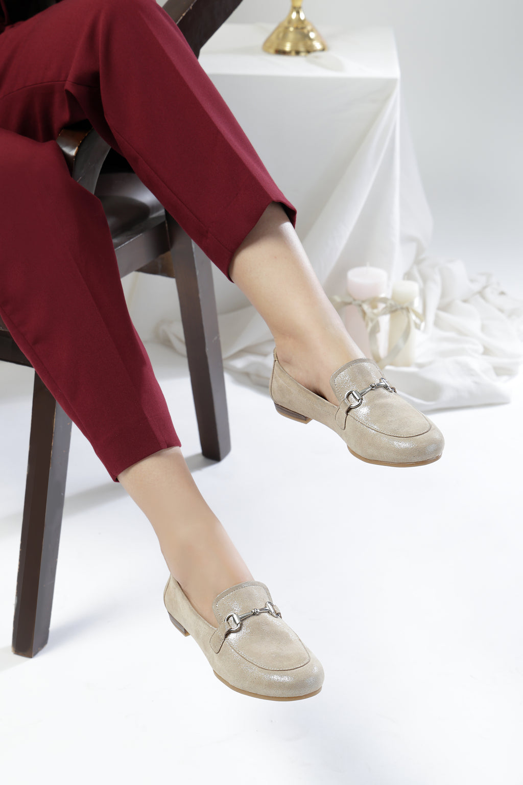 Champagne Gold Color Loafers – Horsebit Embellished Slip-Ons
