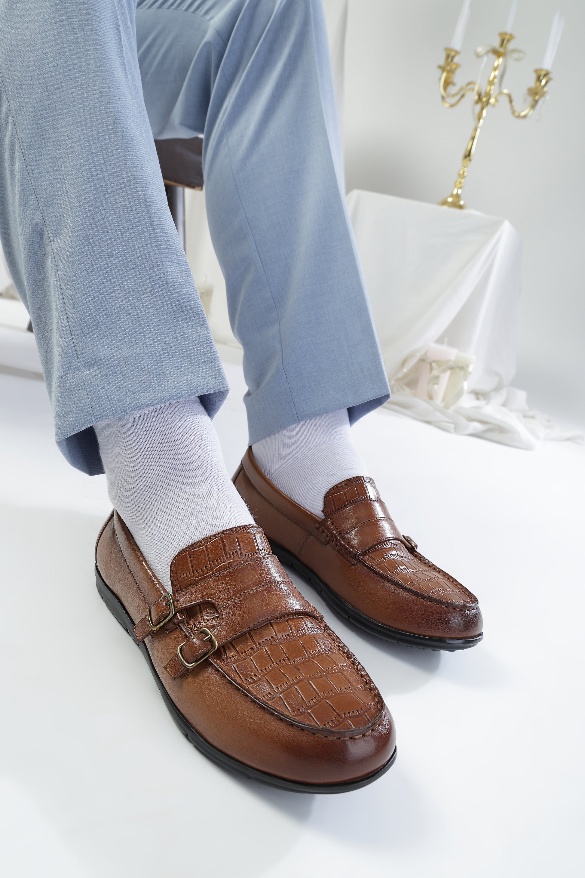 Check Embossed Leather Loafers