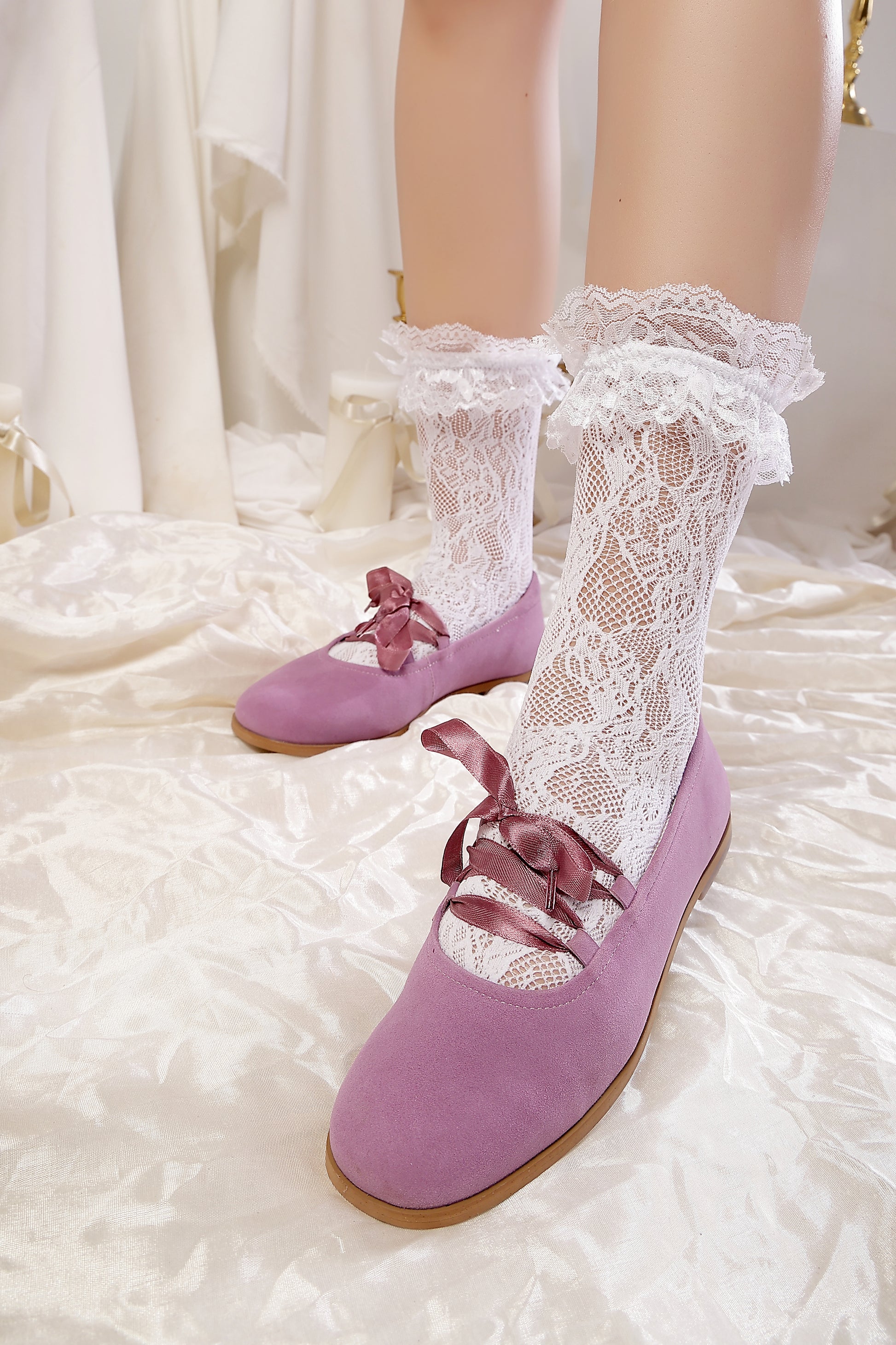 Lilac Satin-Lace Ballerinas