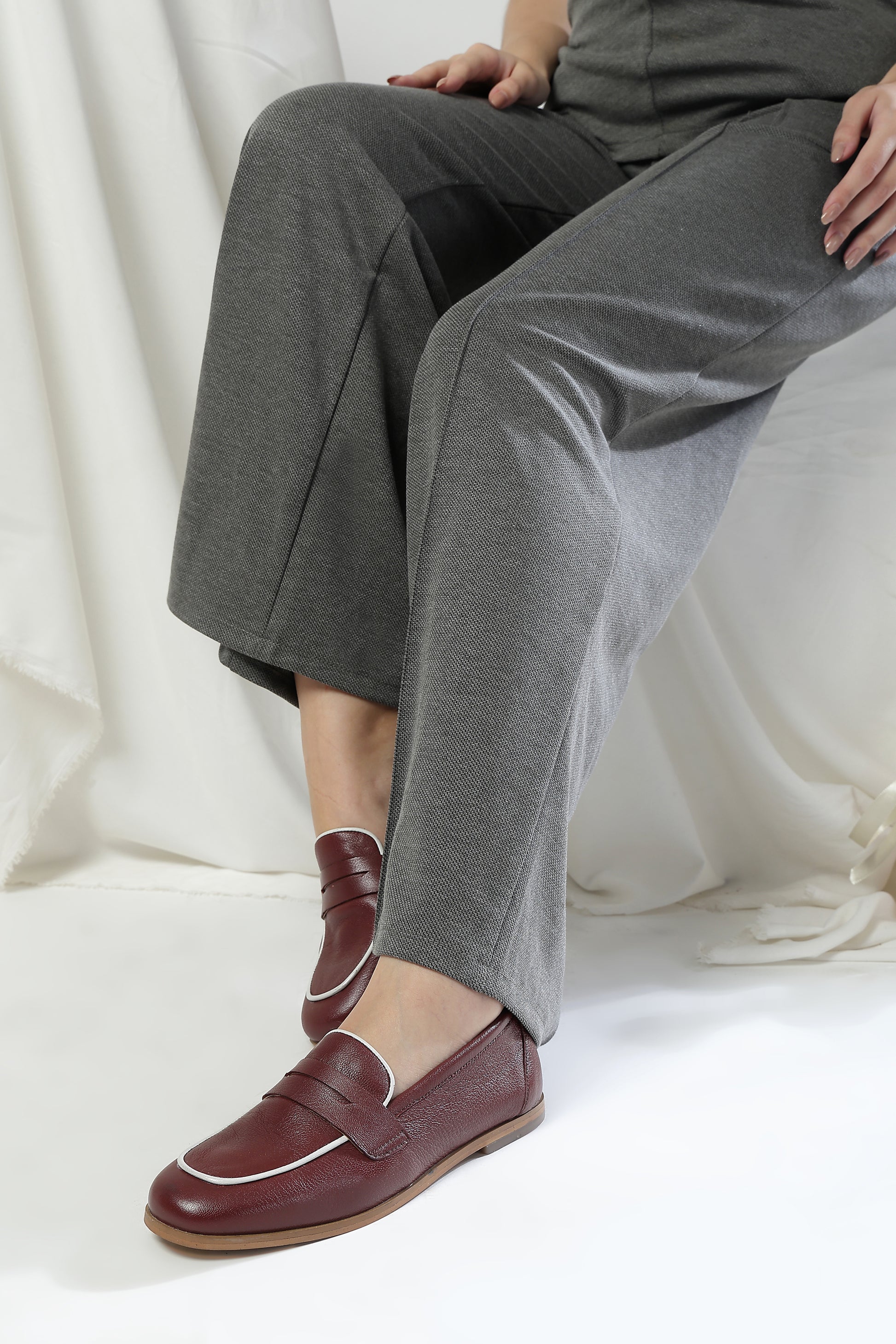 Maroon Color  Leather Loafers – Contrast Piping Penny Flats