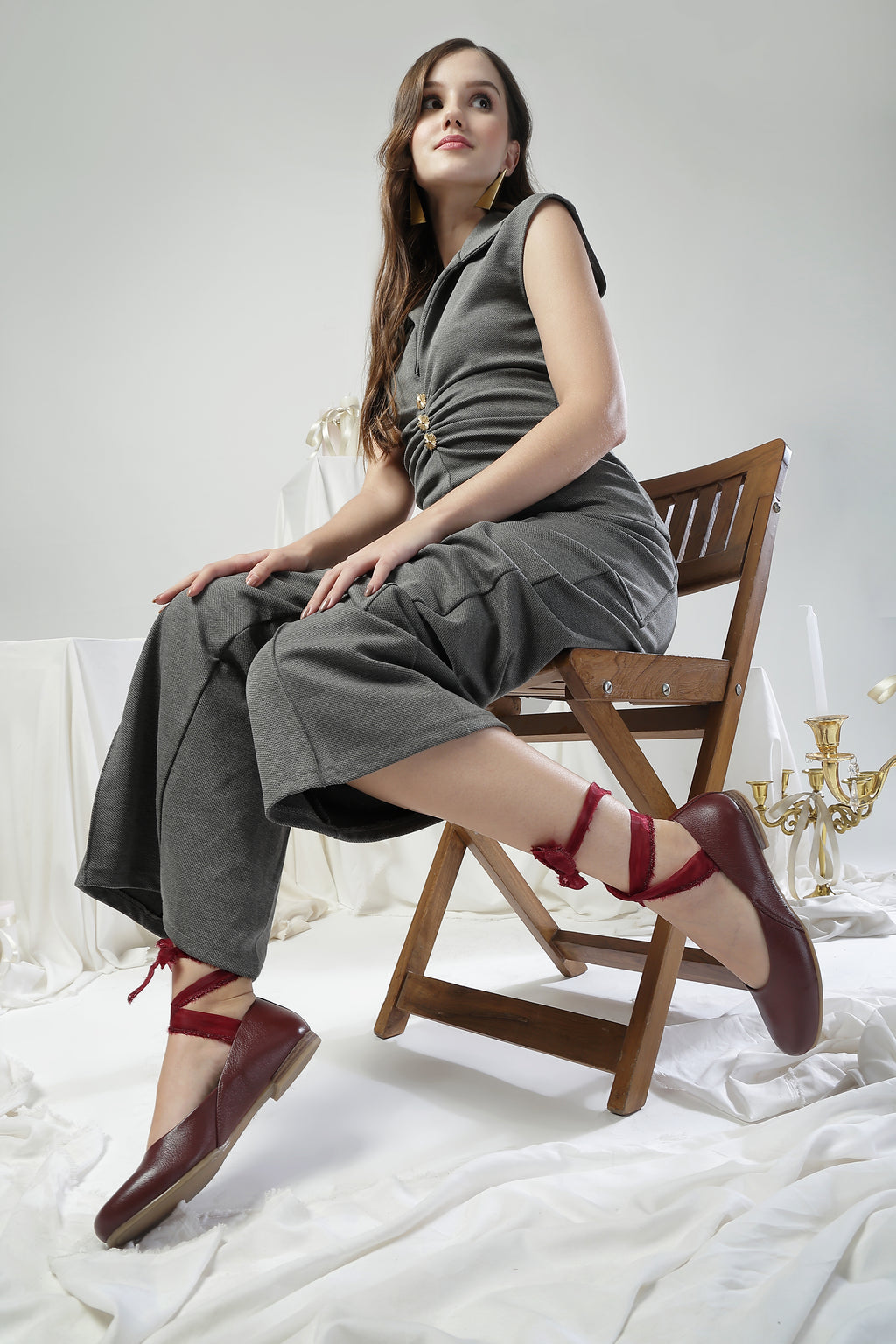 Wine Red Ribbon-Tie Ballerinas