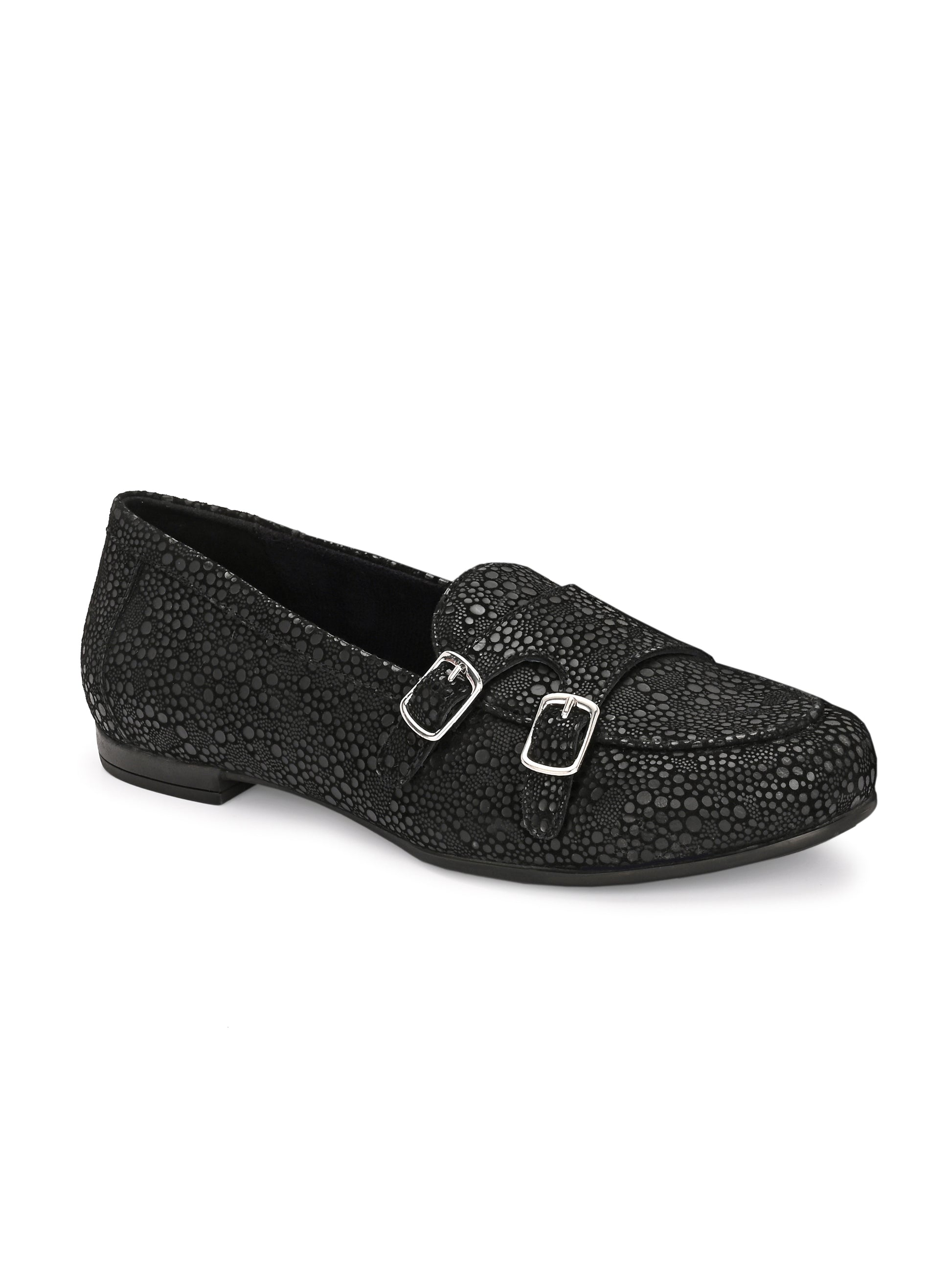 Midnight Monk – Black Textured Double-Buckle Loafers