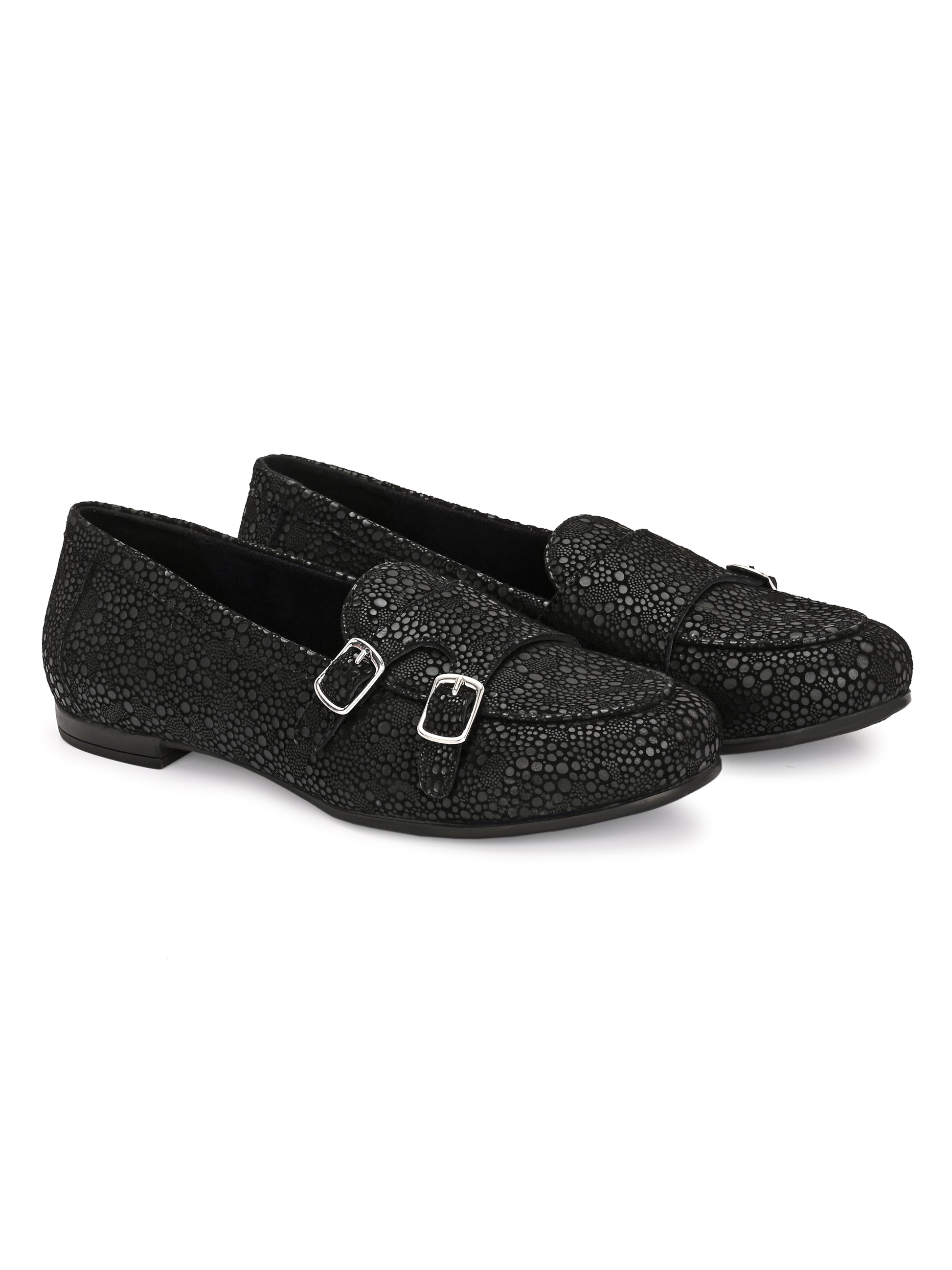 Midnight Monk – Black Textured Double-Buckle Loafers