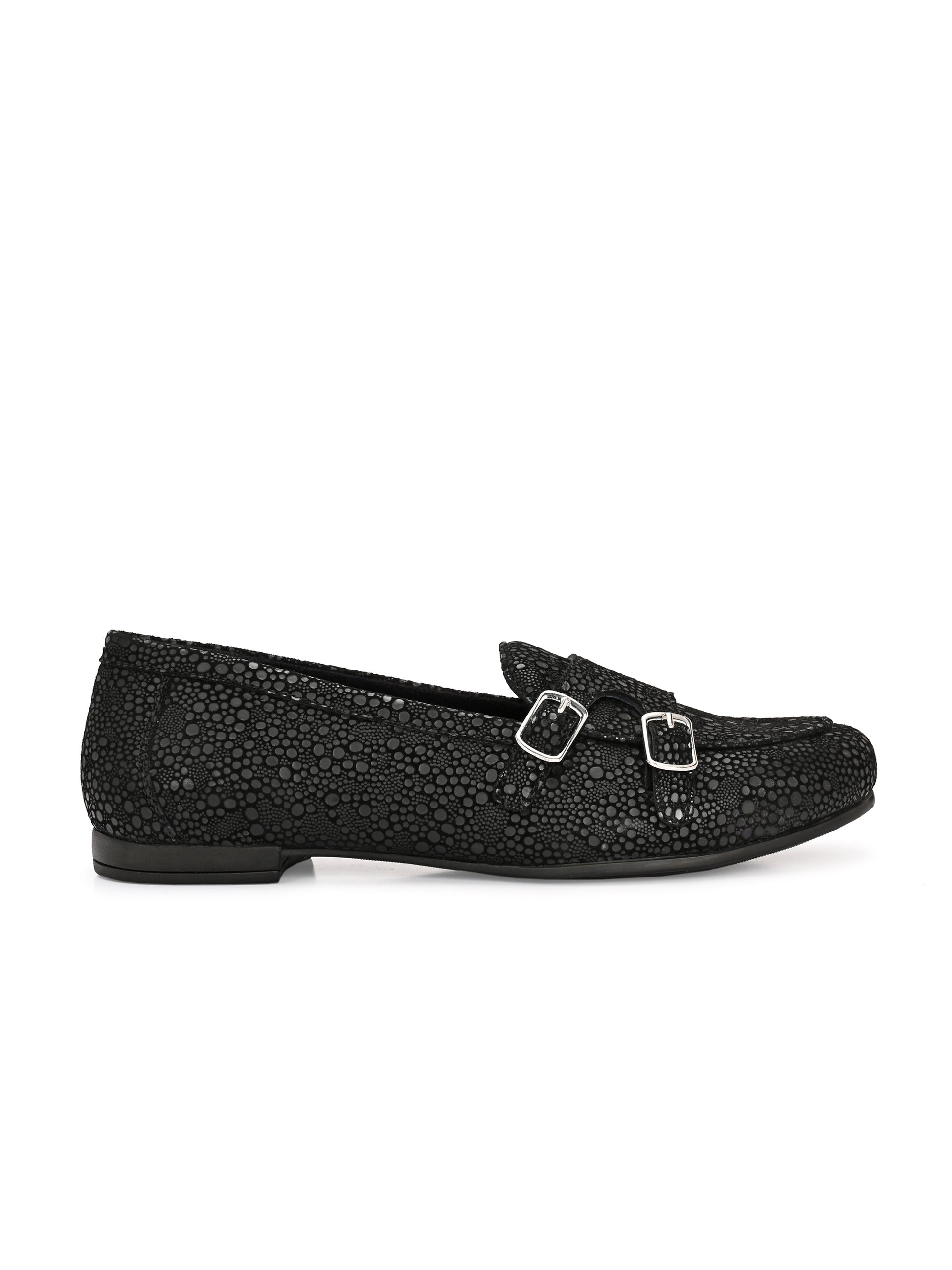 Midnight Monk – Black Textured Double-Buckle Loafers