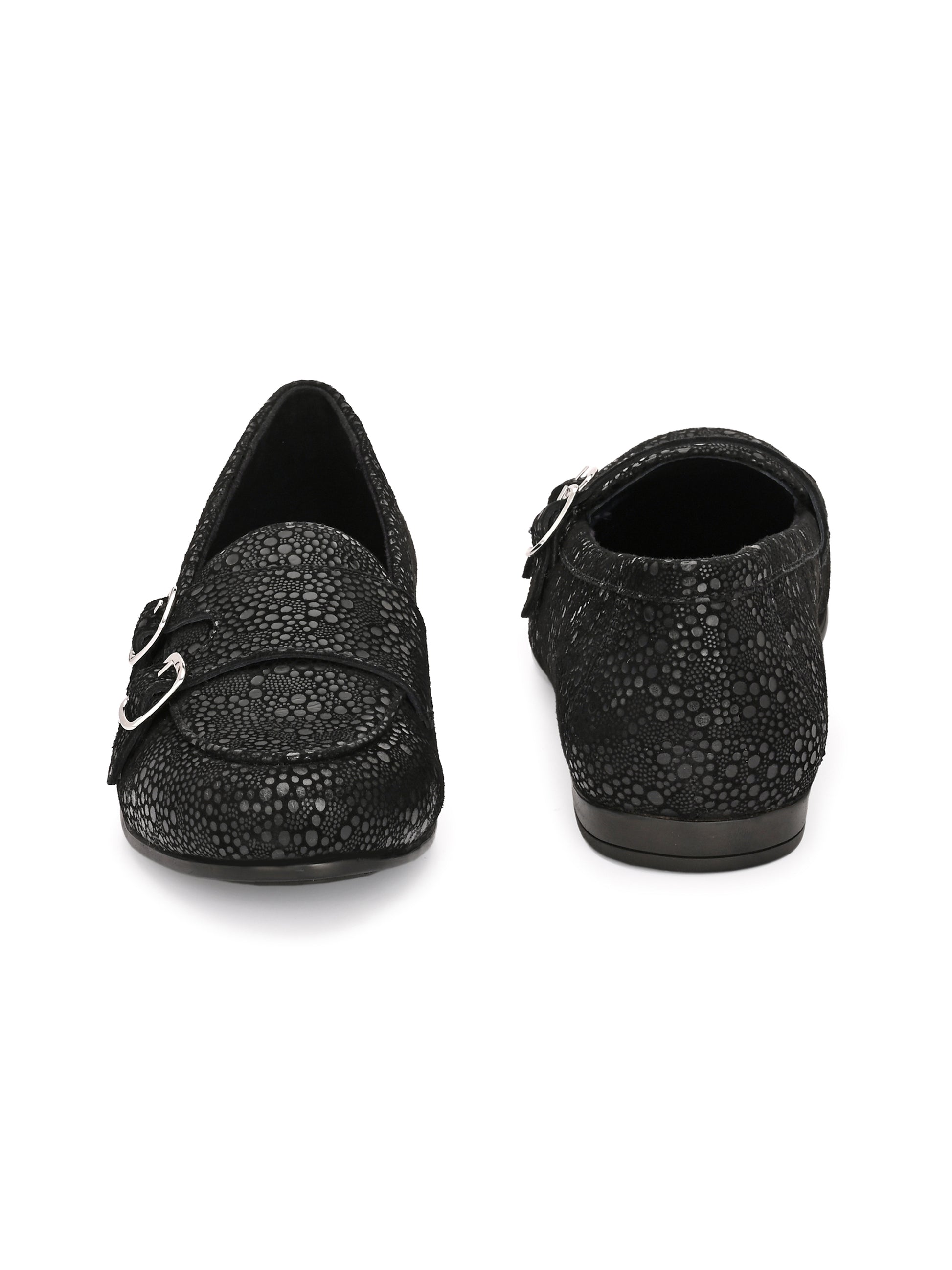 Midnight Monk – Black Textured Double-Buckle Loafers