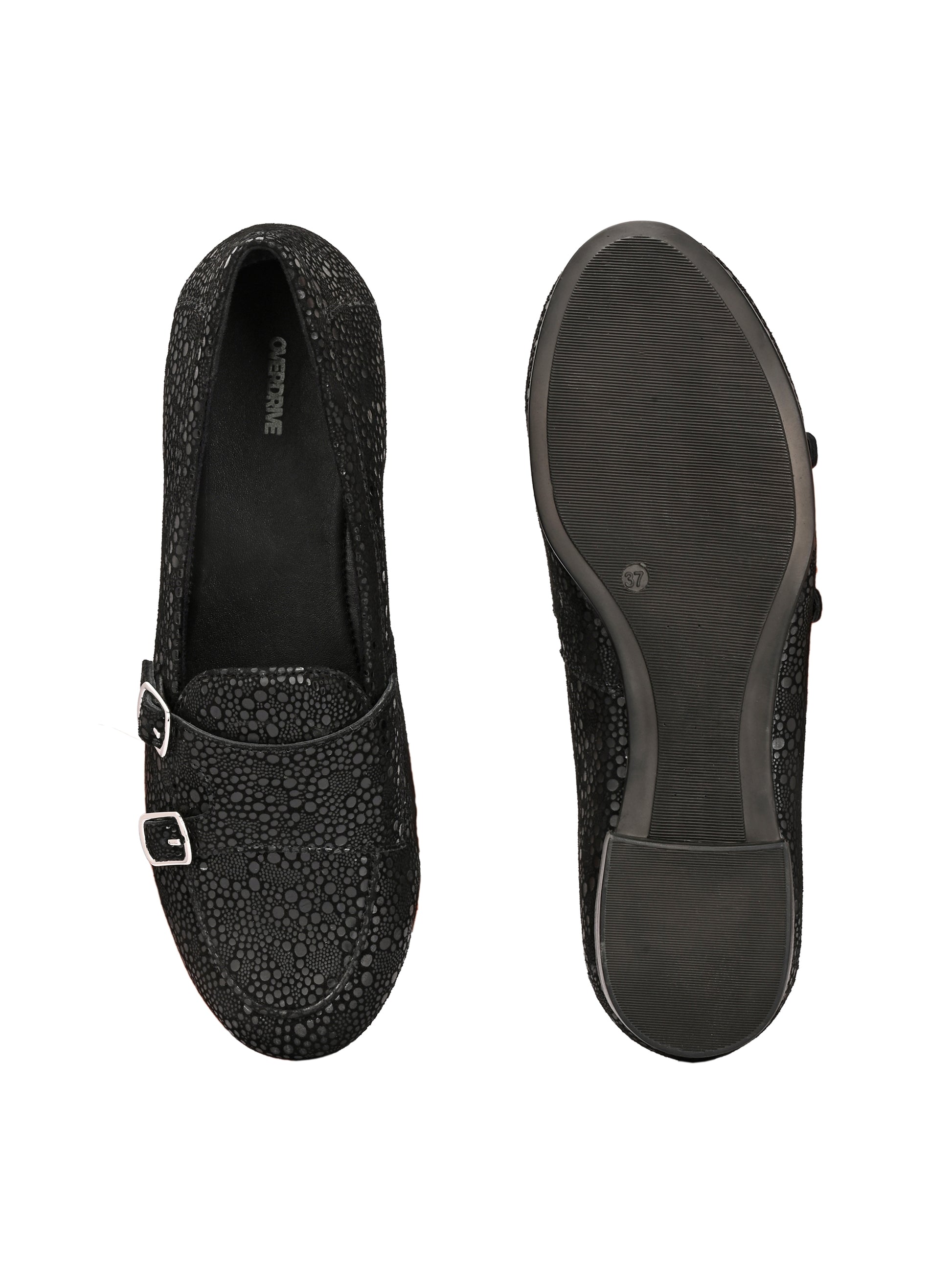 Midnight Monk – Black Textured Double-Buckle Loafers
