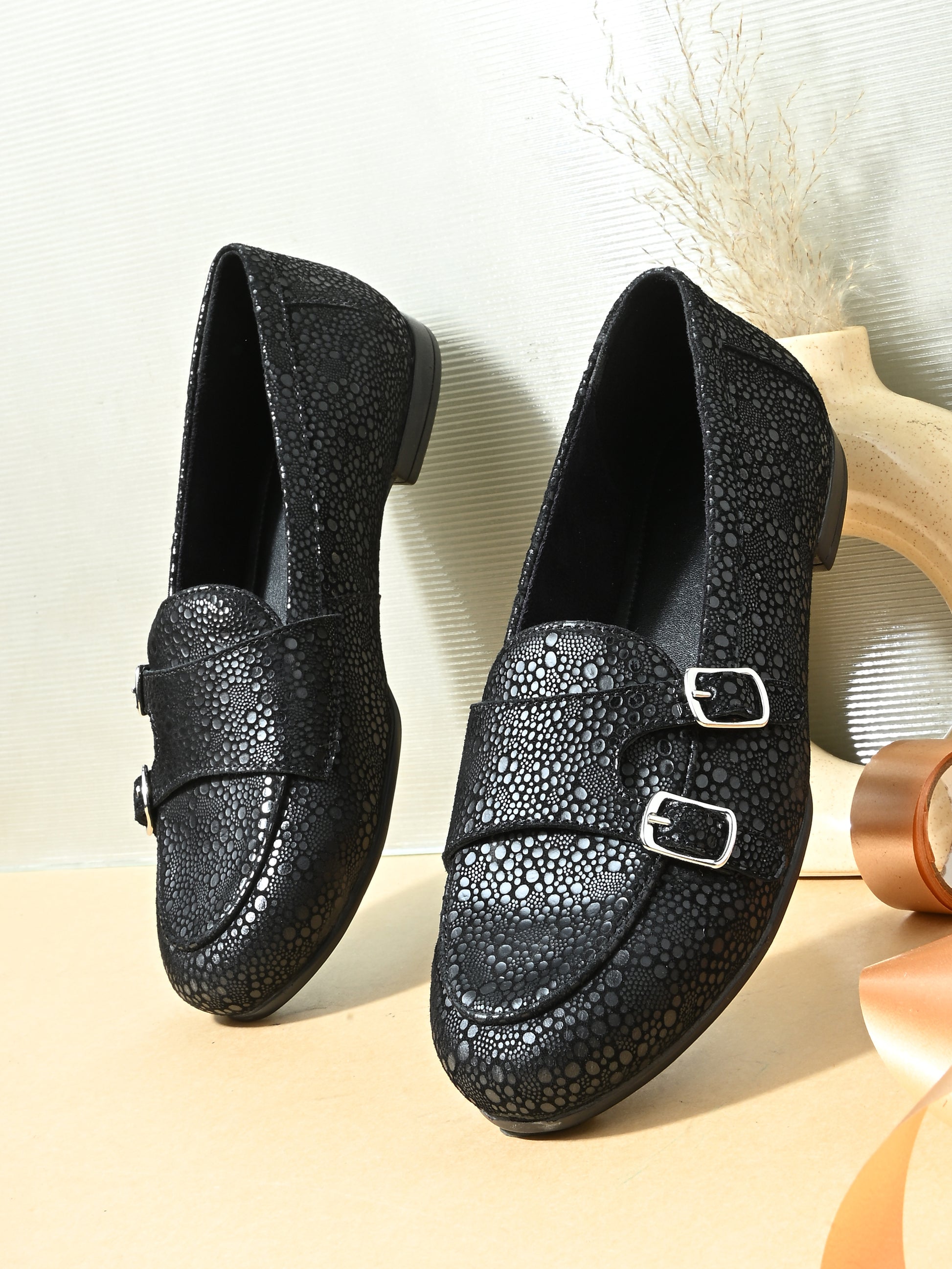 Midnight Monk – Black Textured Double-Buckle Loafers