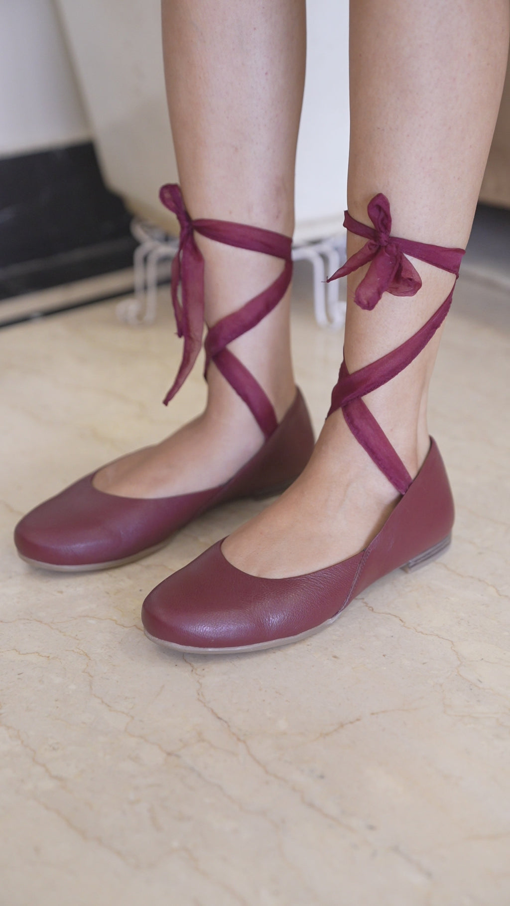 Wine Red Ribbon-Tie Ballerinas