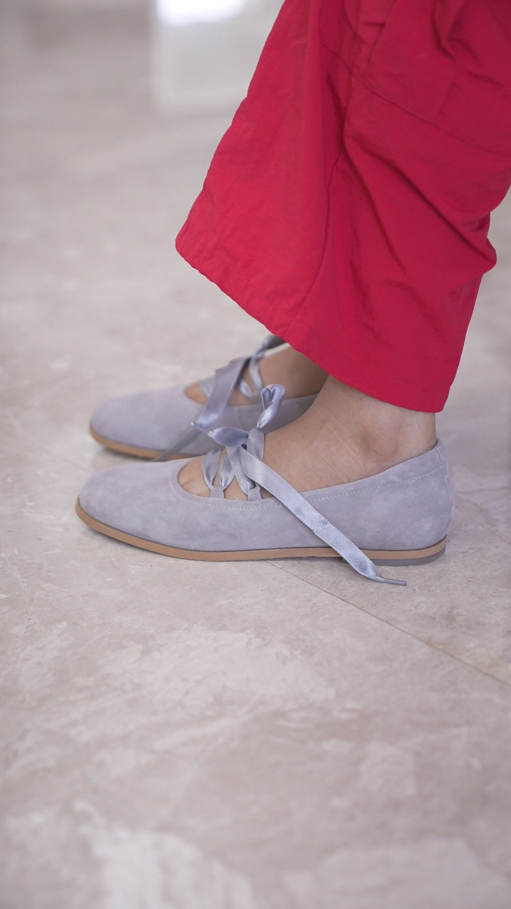 Soft Grey Suede Ballerinas with Satin Ribbons